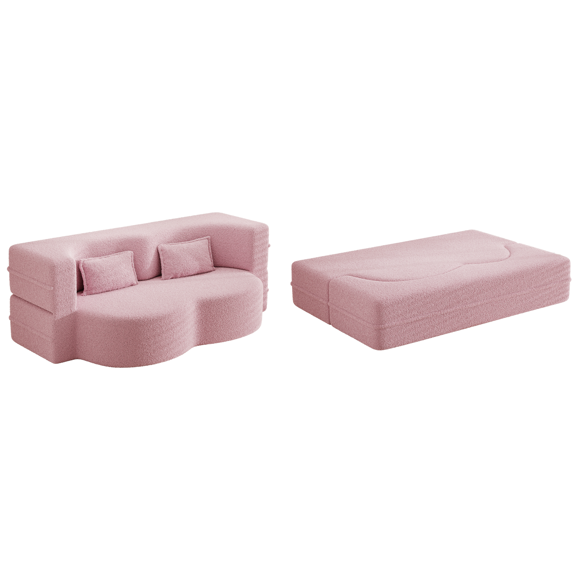 Modern Floor Sofa With 2 Pillows,Convertible Teddy Fabric Foam Filled Sleeper Sofa Bed,15" Full Size Folding Mattress For Living Room, Guest Bed, Playroom,No Assembly Required,Pink Pink Foam Spring 2 Seat