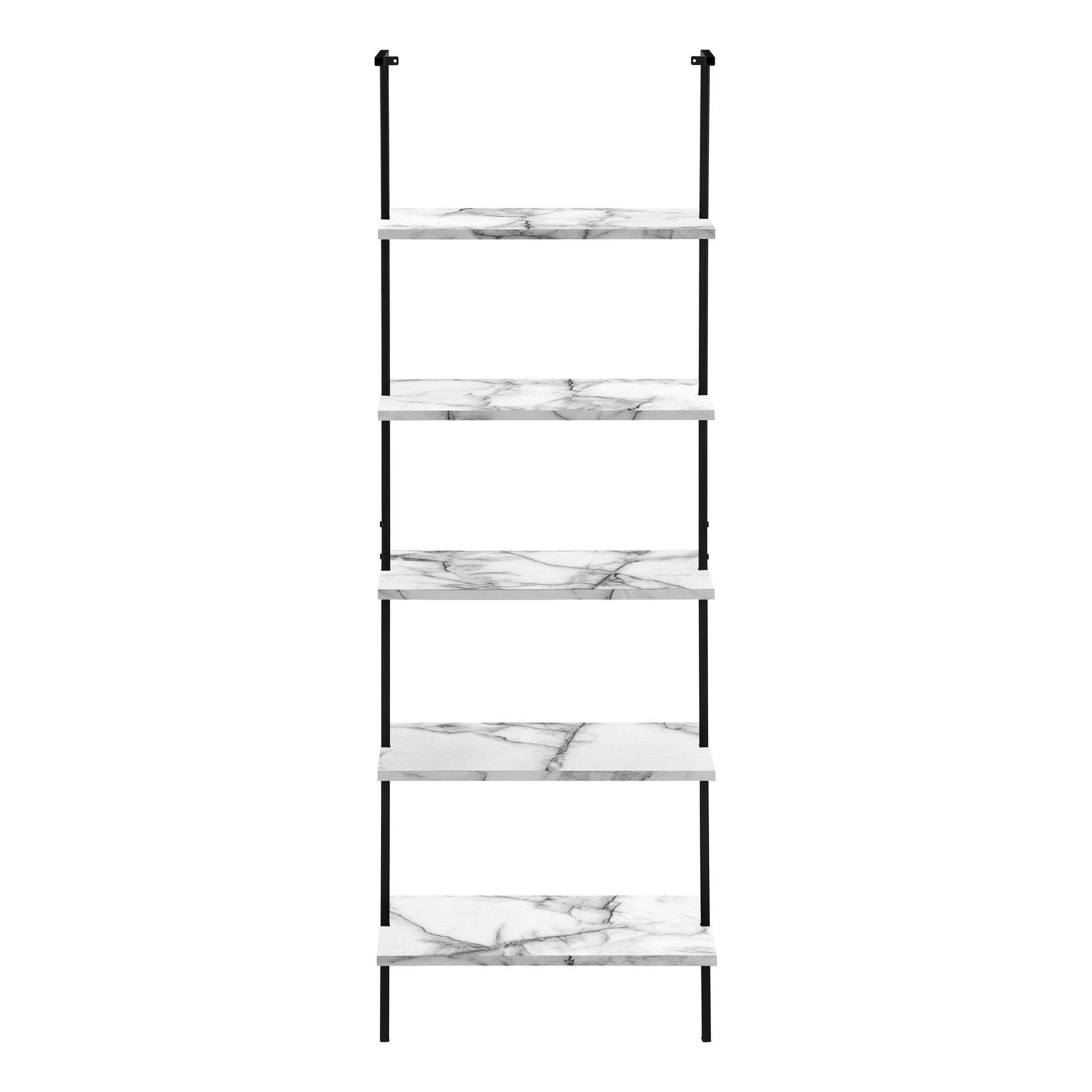 Bookshelf, Bookcase, Etagere, Ladder, 5 Tier, 72"H, Office, Bedroom, White Marble Look Laminate, Black Metal, Contemporary, Modern White Metal