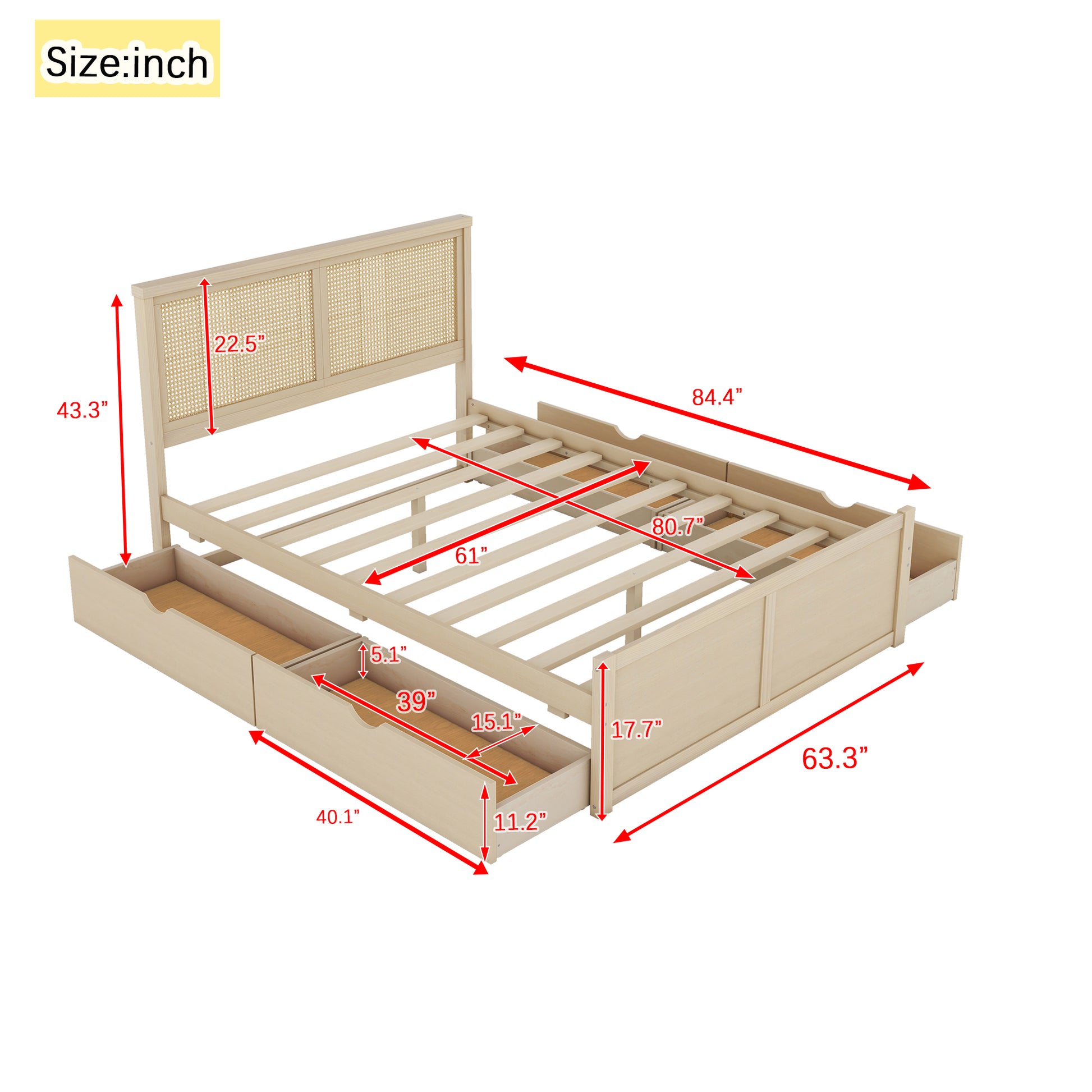 Queen Size Wood Storage Platform Bed With 4 Drawers, Rattan Headboard, Nature Box Spring Not Required Queen Antique Natural Wood Bedroom Bed Frame Wood Rattan