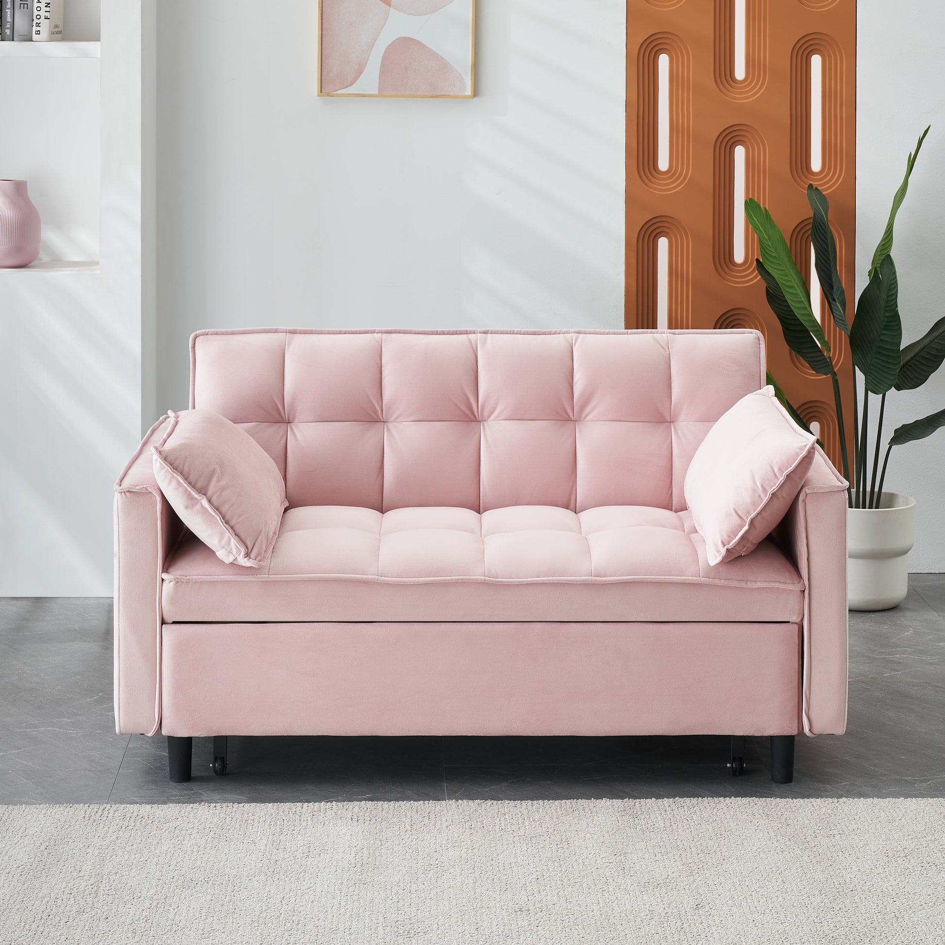55 Inches Pink Modern Velvet Sofa, Seating Sofa With Backrest, Soft And Comfortable Living Room Furniture, 3 In 1 Convertible Sofa Bed For Living Room Bedroom Pink Velvet 2 Seat
