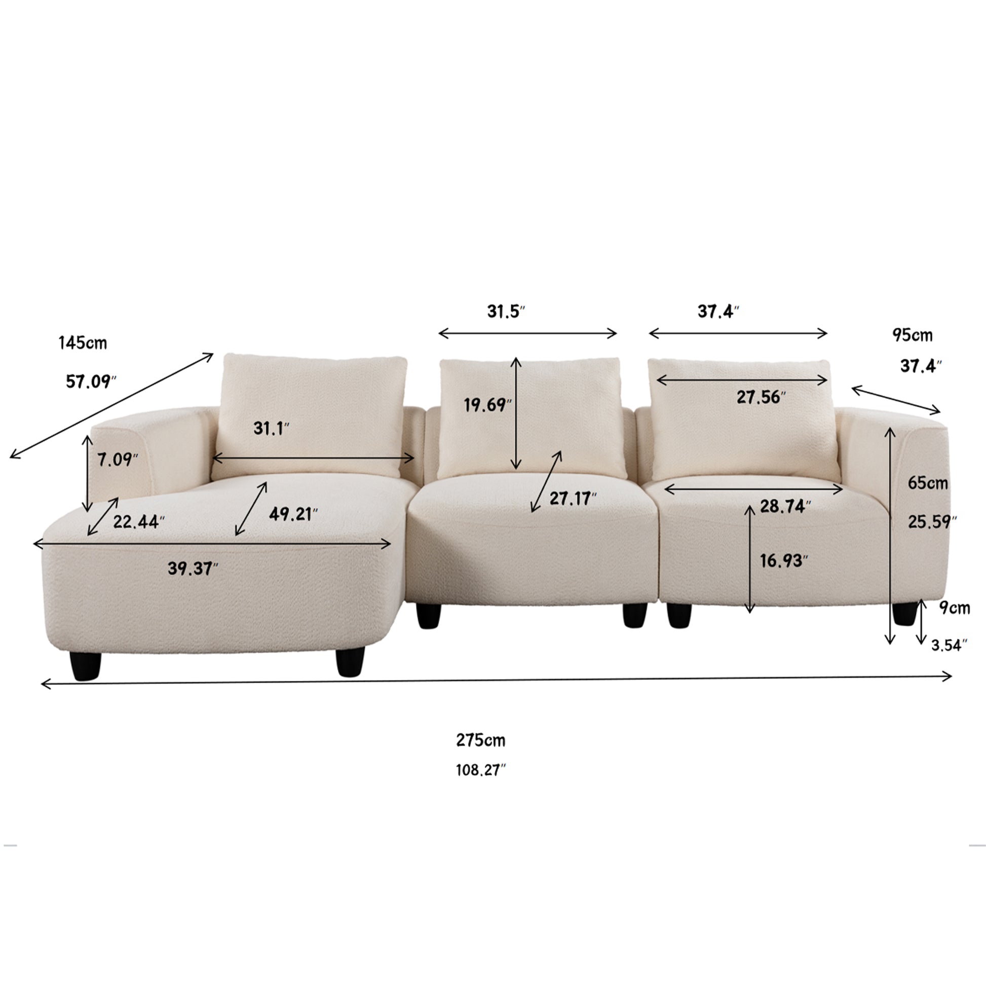 Wks14W Mid Century Modern Sofa Three Seater Sofa With Upholstered Footstool Living Room, Bedroom, Beige Footstool White Fabric 3 Seat