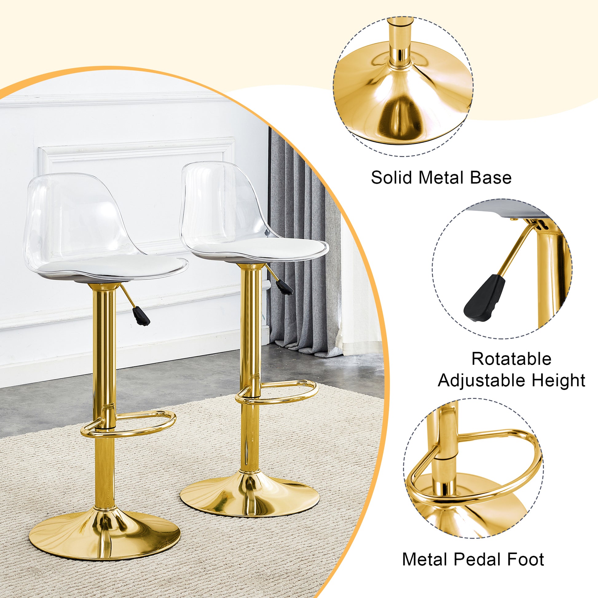 Modern Minimalist Bar Chairs And Bar Stools. Can Rotate 360 And Adjust Lifting. Pet Backrest And Pu Seats. Set Of 2. Suitable For Bars, Restaurants, And Front Desk Cashiers. Gold Set Of 2 Pu