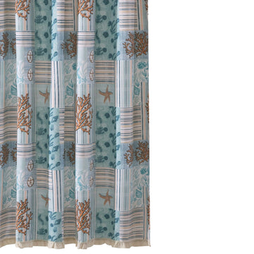 Sea Life Print Shower Curtain With Button Holes, Blue And Brown Blue Brown Fabric