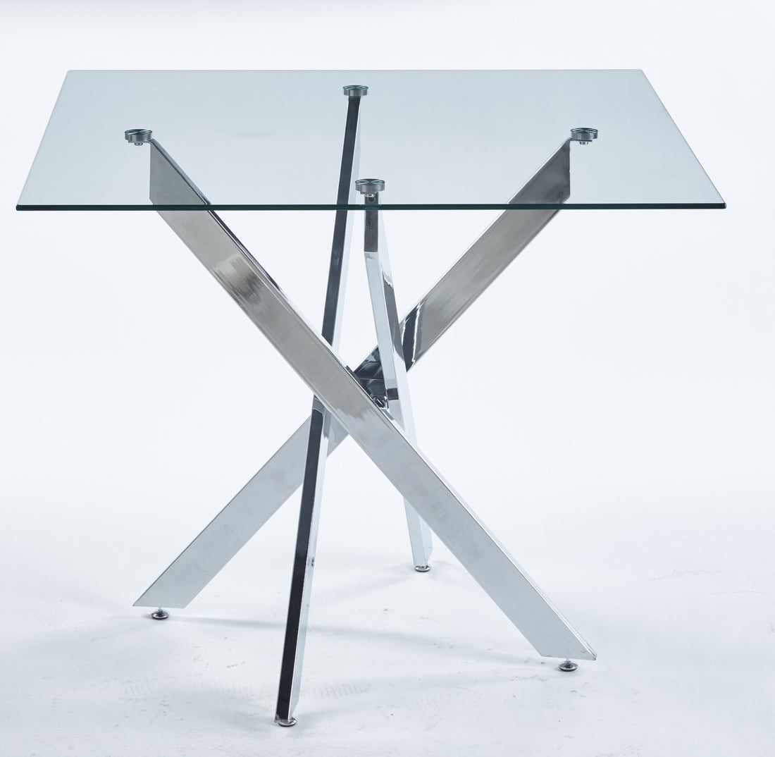 Dining Table With Cross Metal Leg And Tempered Glass,Modern Space Saving Kitchen Table For Living Room,Chrome Legssquare Table,90X90X75Cm Chrome Glass Metal