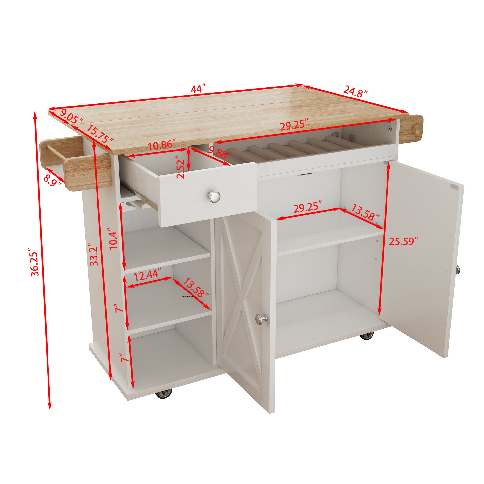 44 Inch Kitchen Island Cart With Solid Wood Top, Wine Storage, Spice Rack, Towel Rack, Wine Glass Holder, Rolling Kitchen Island Table On Wheels, Tool Free Installation, White & Oak White Solid Wood Mdf