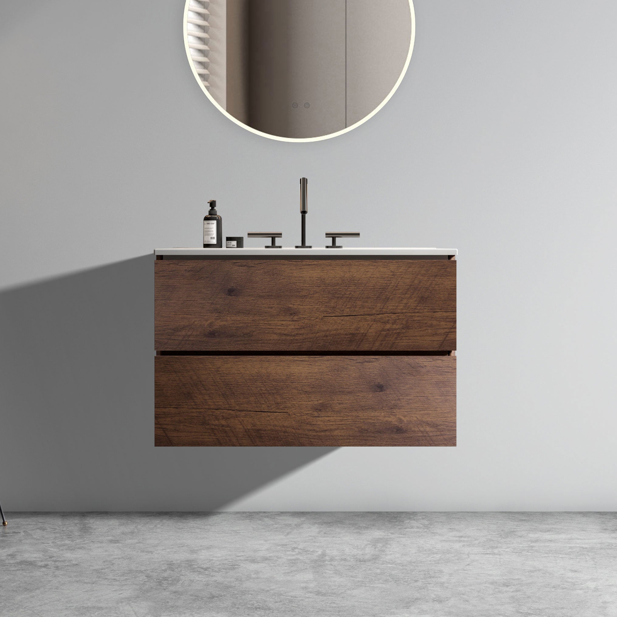 Wall Mount 30" Walnut Bathroom Vanity With Ceramic Sink With Three Faucet Holes, Large Storage Floating Bathroom Vanity For Modern Bathroom, One Piece Sink Basin Without Drain, Pre Assembled Walnut Bathroom Modern Ceramic Mdf