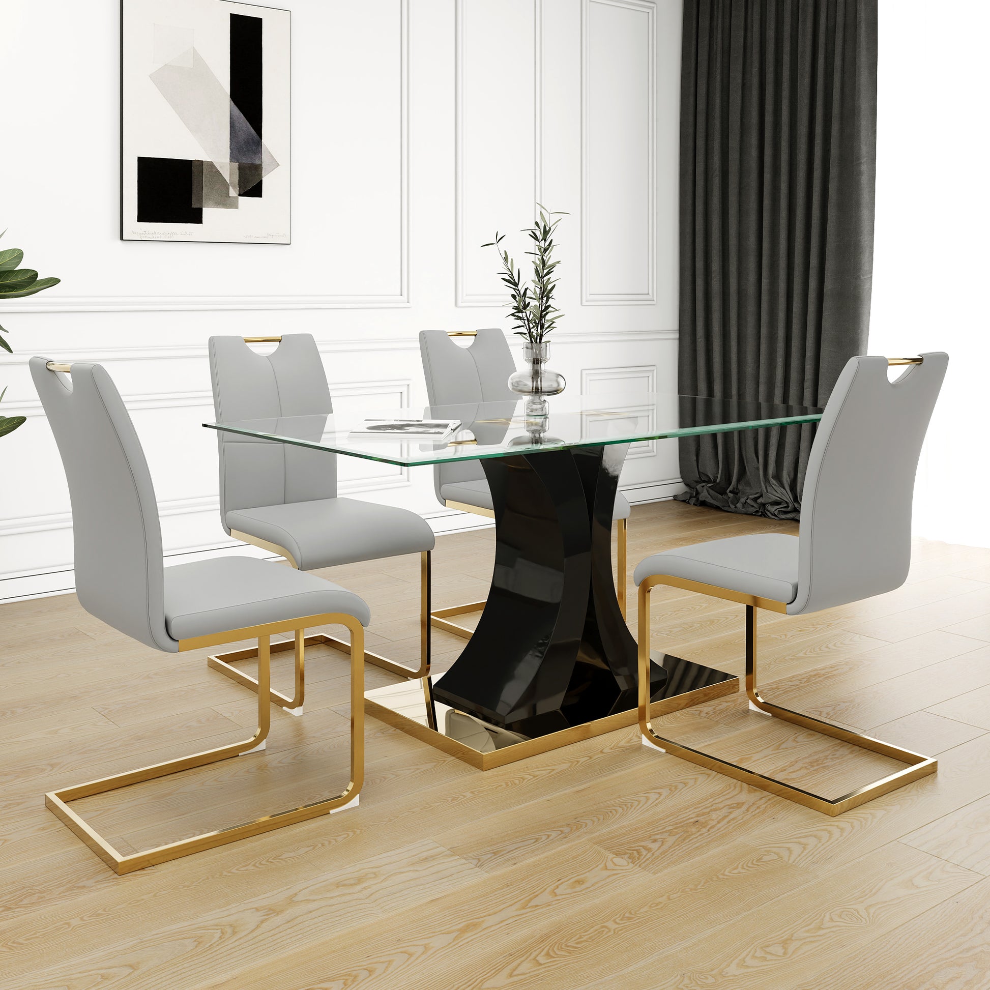 Modern Style Glass Dining Table, Elegant Transparent Design, Solid Support Base, Grey Dining Chair Set, Gold Plated Chair Legs, Suitable For Restaurant Kitchen Use Set Of 5 Grey Gold Seats 4 Mdf