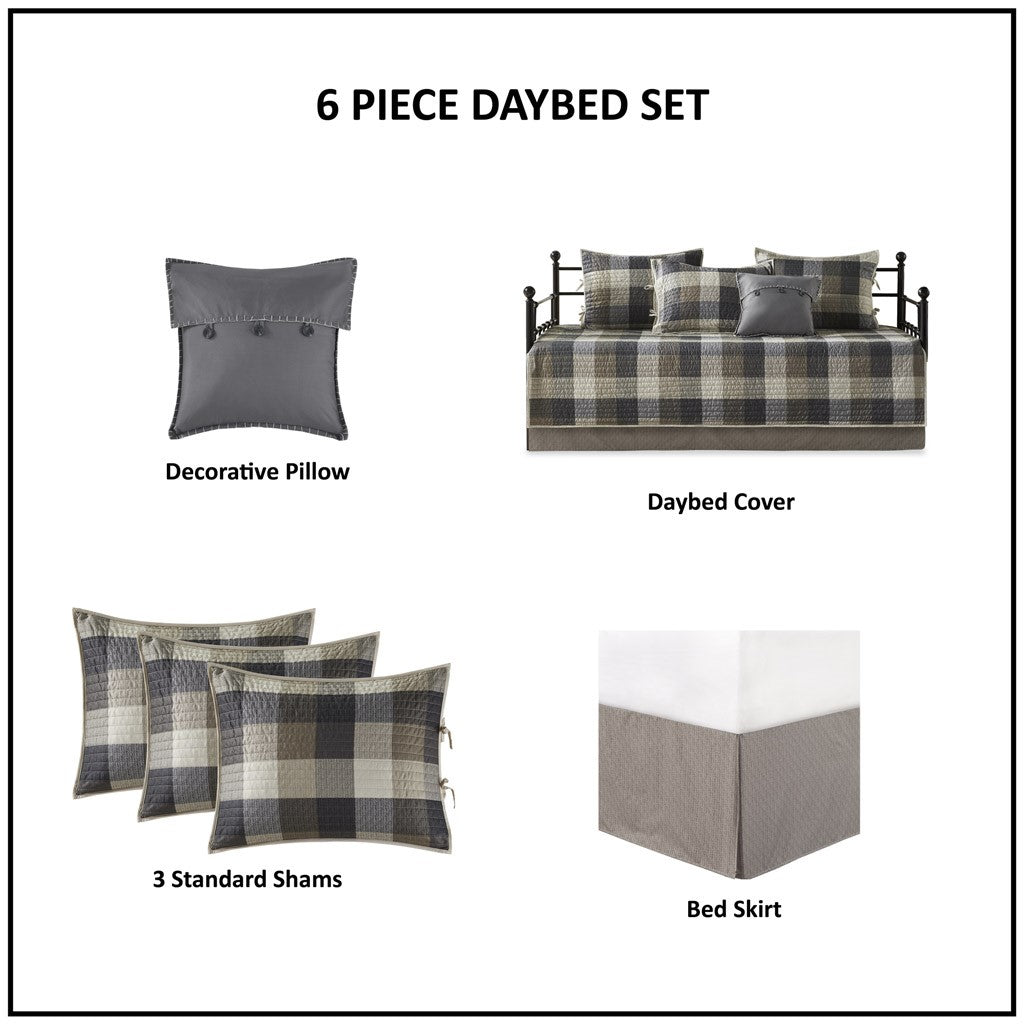 6 Piece Reversible Plaid Daybed Cover Set Grey Daybed Grey Polyester