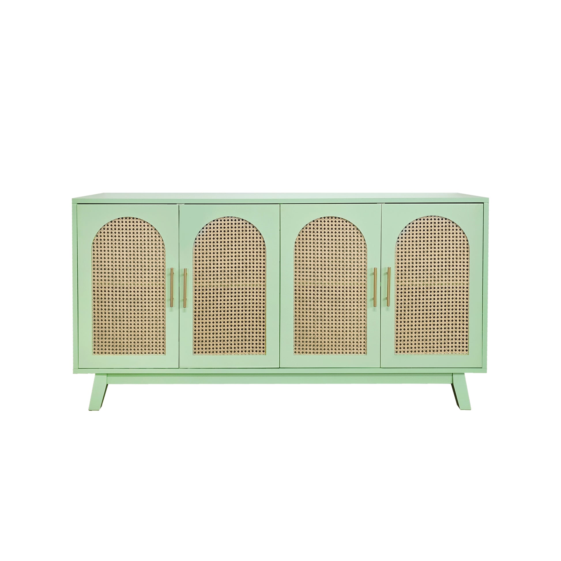 Sideboard Buffet Cabinet With Rattan Doors, Boho 4 Door Cabinet With Metal Handles For Living Room, Hallway, Entryway, Mint Green Mint Green Primary Living Space Mdf