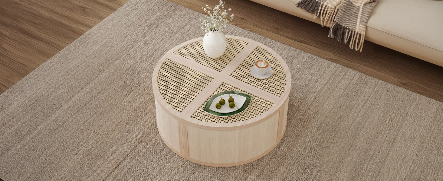Round To Square Block Modular Coffee Table Light Natural Rattan With Storage 4 Piece Light Natural Rubber Wood