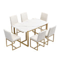 Modern Dining Table Set For 6 Faux Marble Kitchen Table Set With 6 Upholstered Dining Chairs, 7 Piece, White Golden Metal Dining Room Fixed Table Rectangular Dining Table With Chair And Bench Metal