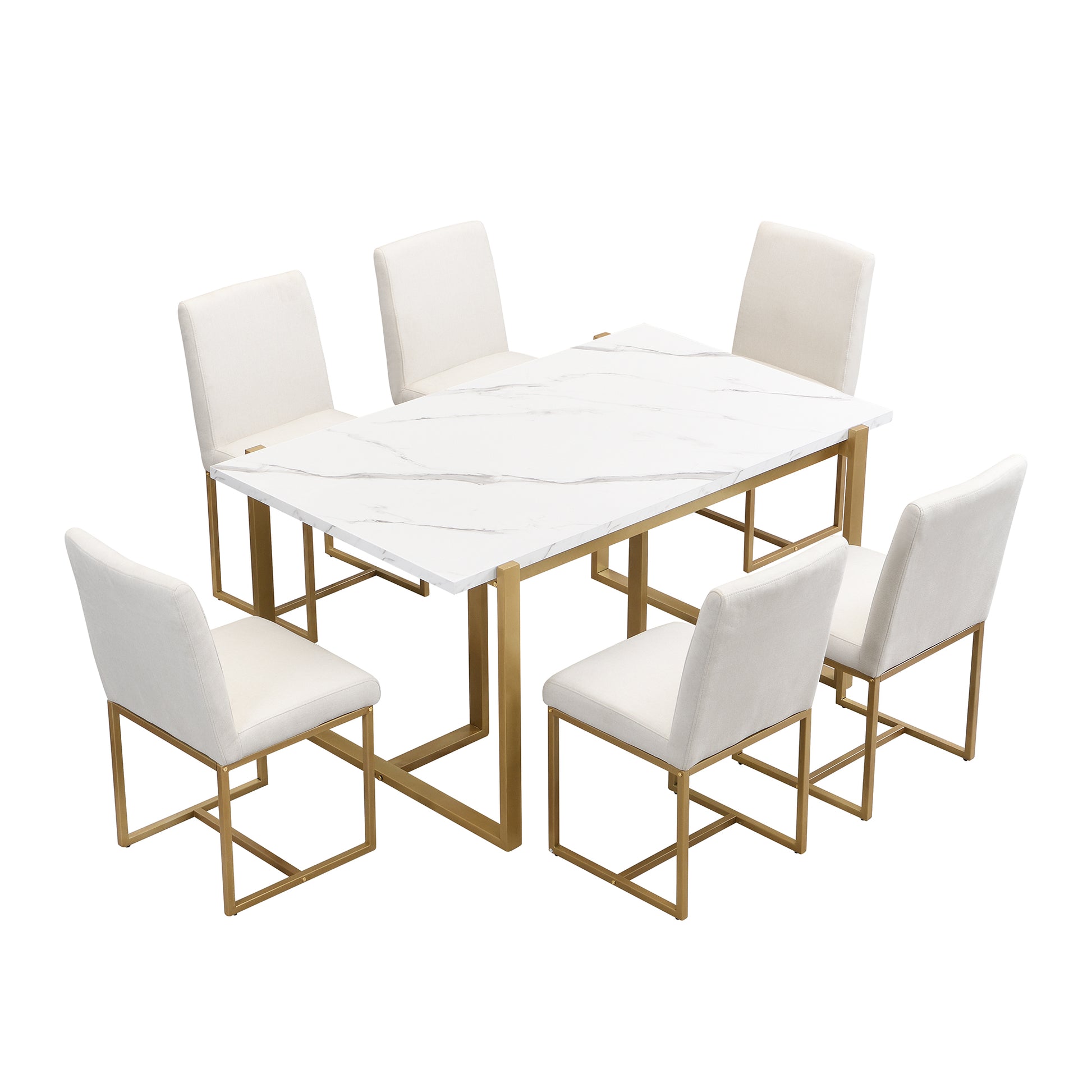 Modern Dining Table Set For 6 Faux Marble Kitchen Table Set With 6 Upholstered Dining Chairs, 7 Piece, White Golden Metal Dining Room Fixed Table Rectangular Dining Table With Chair And Bench Metal