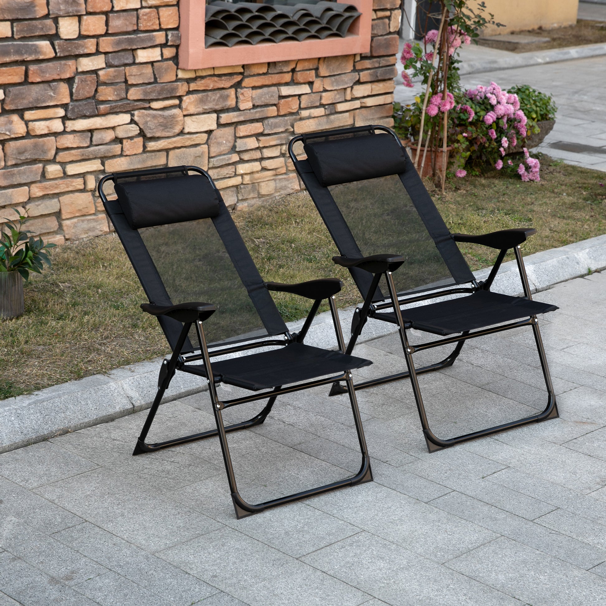 Outsunny Folding Patio Chairs Set Of 2, Outdoor Deck Chair With Adjustable Sling Back, Camping Chair With Removable Headrest For Garden, Backyard, Lawn, Black Black Fabric