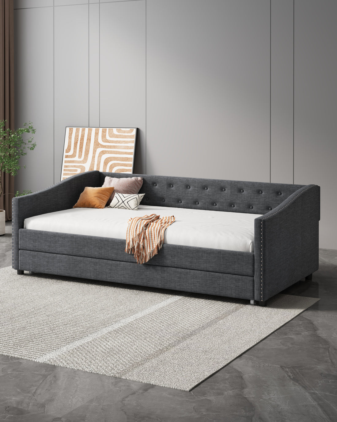 Twin Size Daybed With Twin Size Trundle Upholstered Tufted Sofa Bed, With Button On Back And Copper Nail On Waved Shape Arms Dark Grey Twin Dark Grey Wood Fabric