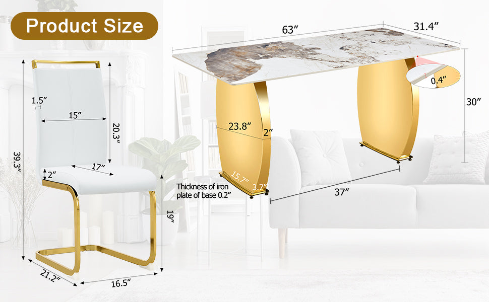 Table And Chair Set, Rock Plate Table Top, Gold Metal Table Legs, Stable And Beautiful, Suitable For Most Home Styles. Modern Simple Dining Table, Comfortable Seating. White Gold Seats 6 Sintered Stone