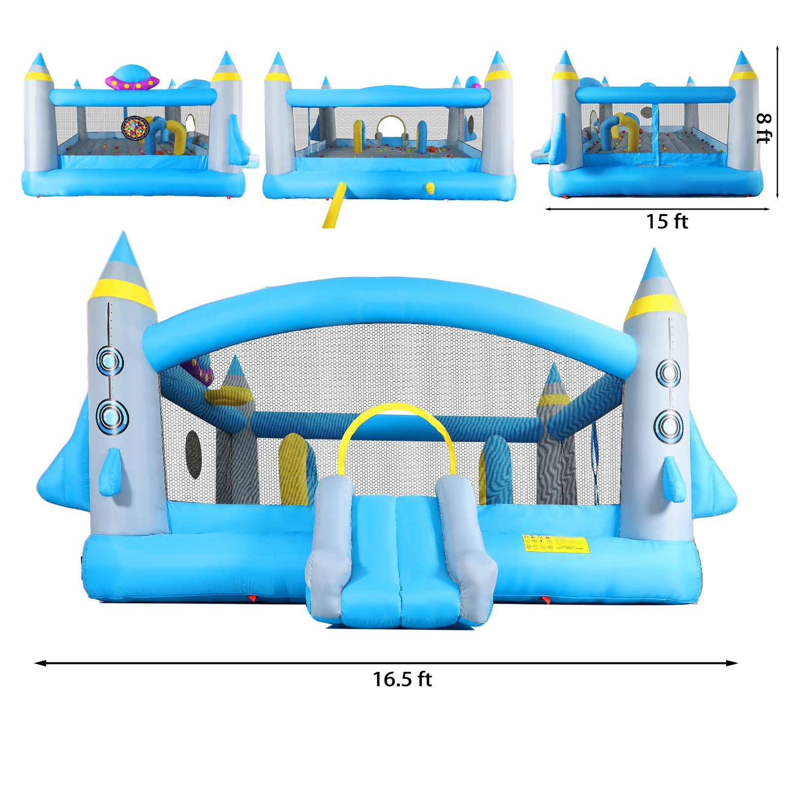 Multifunctional Jump 'N Slide Inflatable Bouncer For Kids Complete Setup With Blower 198" X 180" Play Area 96" Tall Multicolor Oxford Fabric Indoor & Outdoor Use