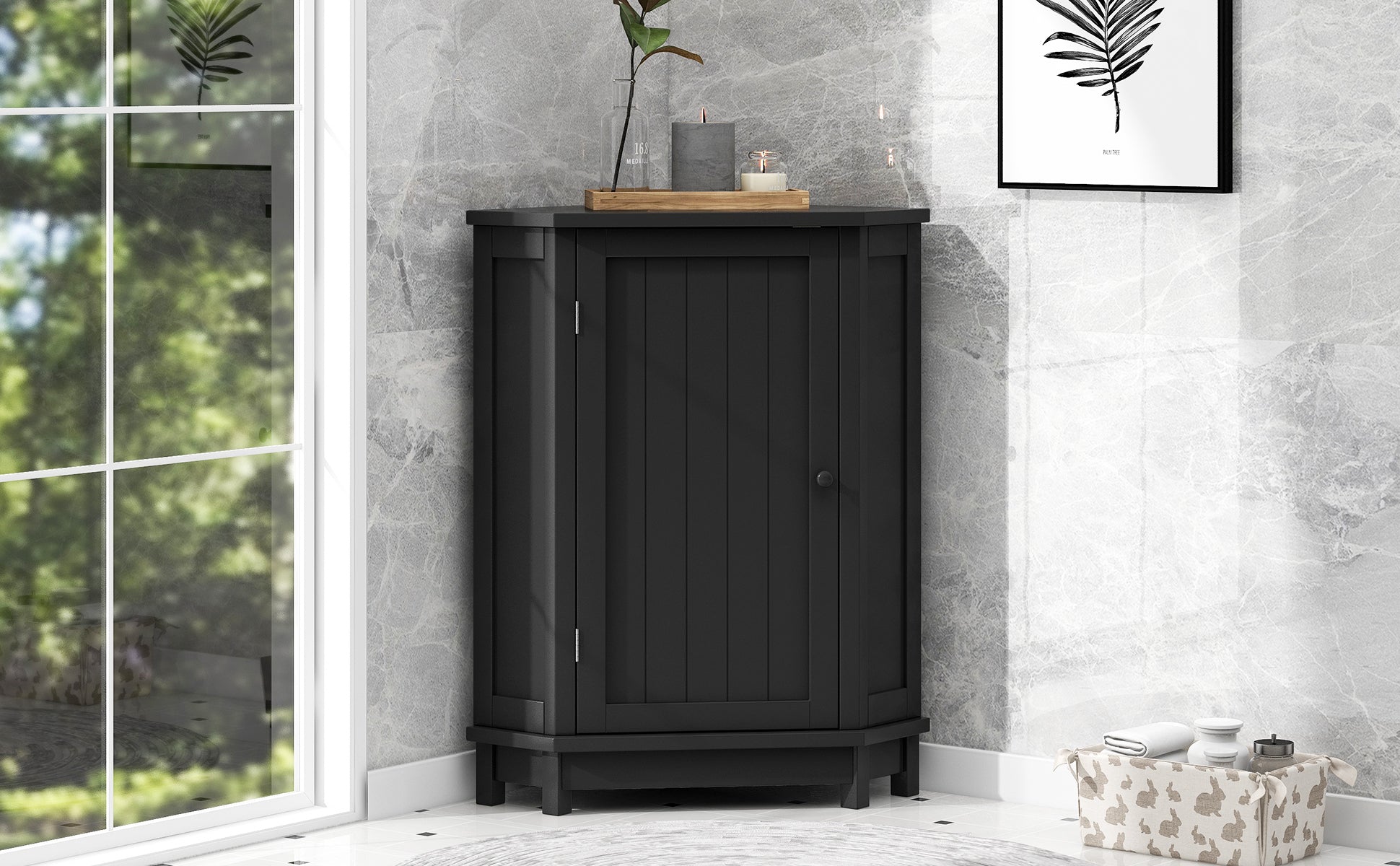 Black Bathroom Cabinet Triangle Corner Storage Cabinet With Adjustable Shelf Modern Style Mdf Board Black Mdf