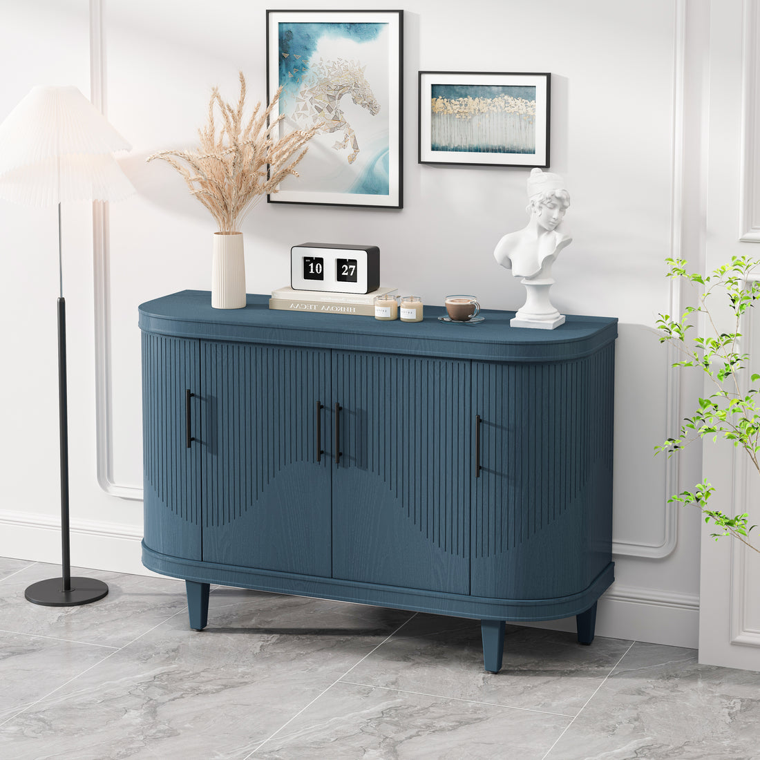 Modern Curved Sideboard 47.2 Inch Decorative Storage Cabinet Wooden Console Table Coffee Bar Cabinet With 4 Doors And Adjustable Interior Shelves For Living Room, Kitchen, Bedroom, Hallway Blue Blue Mdf