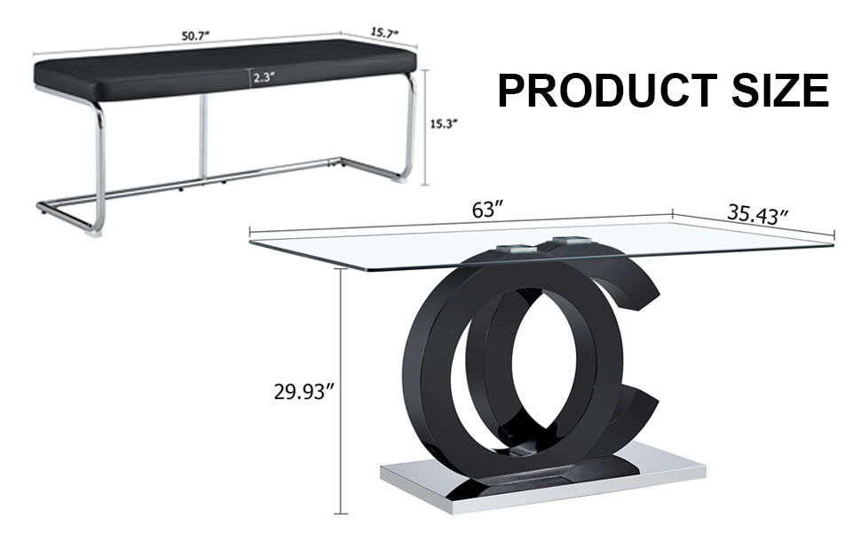Table And Chair Set, Large Modern Minimalist Rectangular Glass Dining Table Suitable For 6 8 People, Equipped With 0.39 "Tempered Glass Tabletop, Mdf Oc Shaped Bracket, And Metal Base. Black Glass