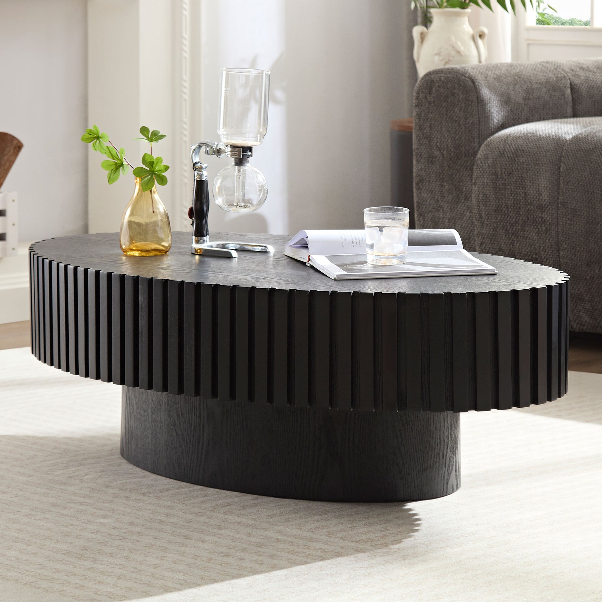 Modern Handcraft Drum Coffee Table Length 43.7 Inch Ellipse Coffee Table For Living Room,Small Coffee Table With Sturdy Pedestal,Black Mdf Matt Black Mdf