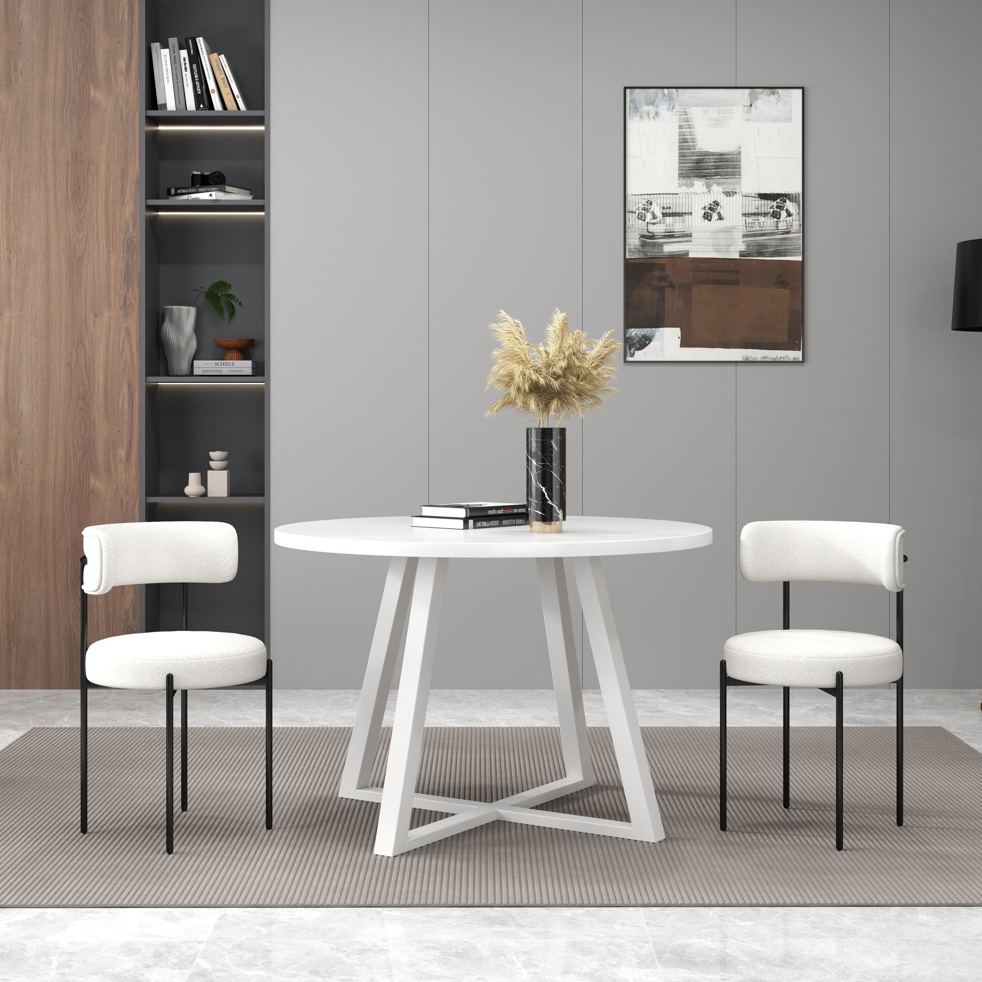 Durban 3 Piece Round Dining Set, Trestle Dining Table With 2 Boucle Chairs White Wood Dining Room Solid Wood Rubberwood Round Dining Table With Chair Wood Wood White Multi Slat Back Seats 2 Contemporary,Modern Round Trestle Solid Wood Mdf Solid Wood Mdf