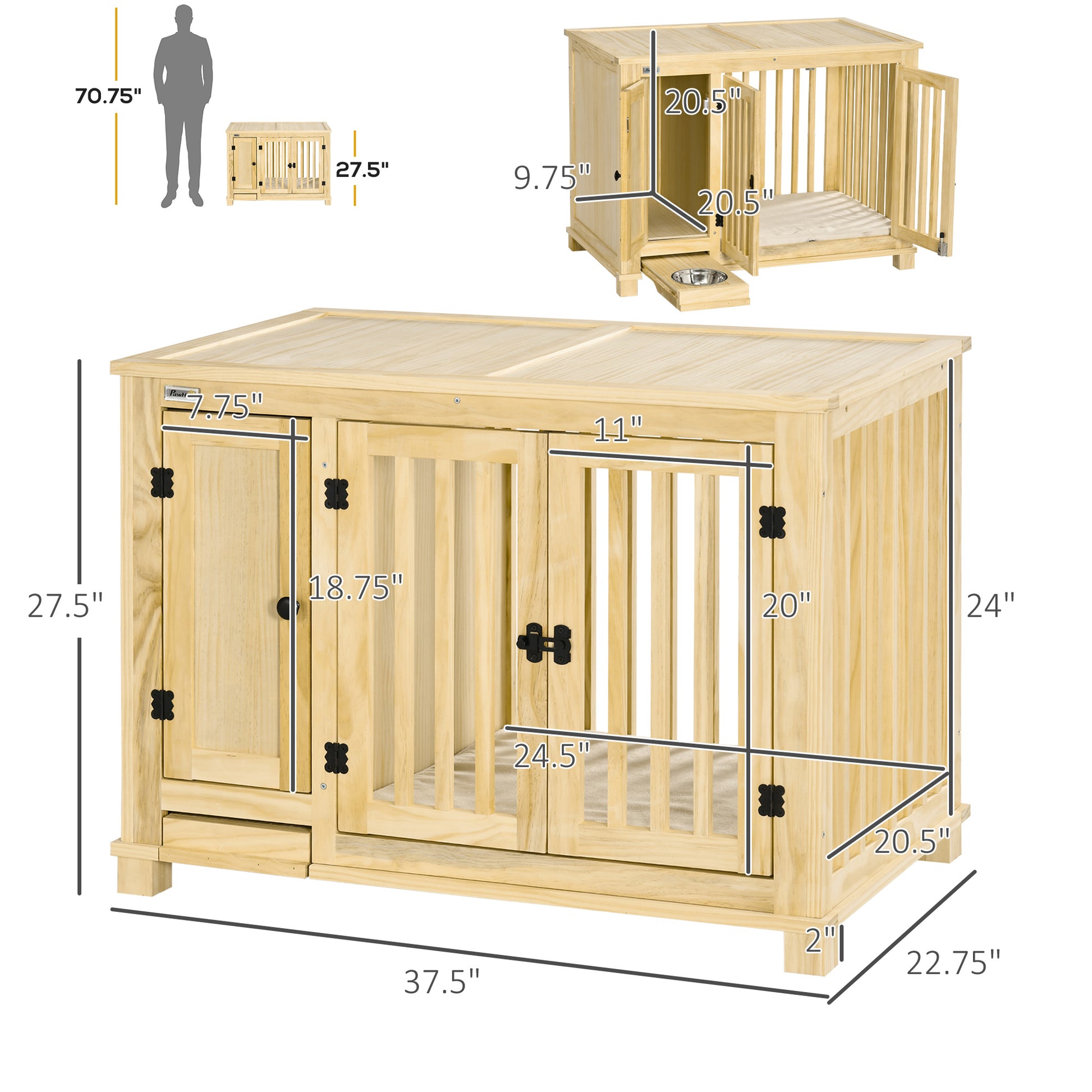 Pawhut Wood Dog Crate Furniture With Hidden Food Bowl In Drawer, Dog Crate End Table With Cushion, Double Doors, For Small Dogs Indoor Use, Natural Natural Wood Wood