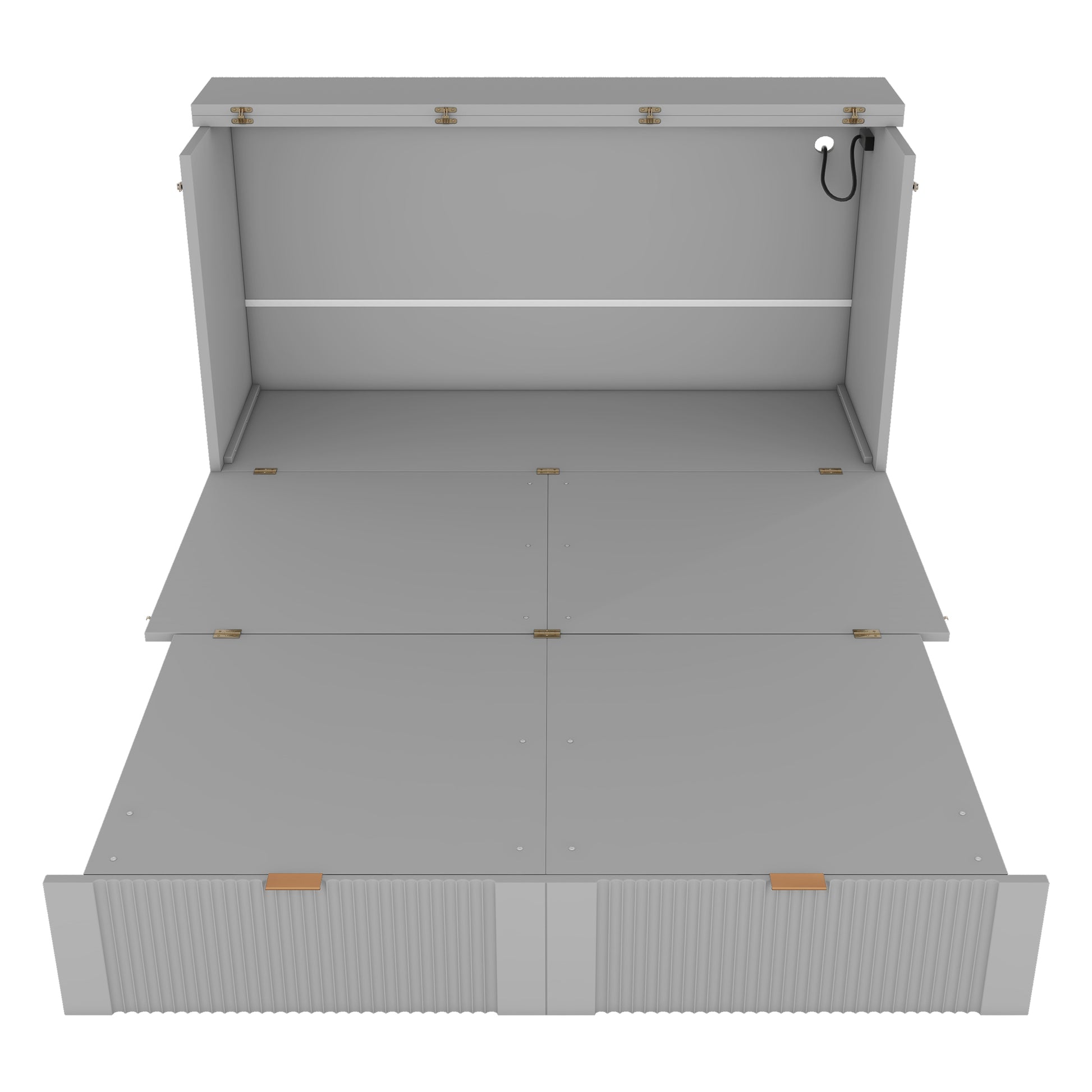 Full Size Murphy Bed With Drawer And A Set Of Sockets & Usb Ports, Pulley Structure Design, Gray Full Gray Plywood