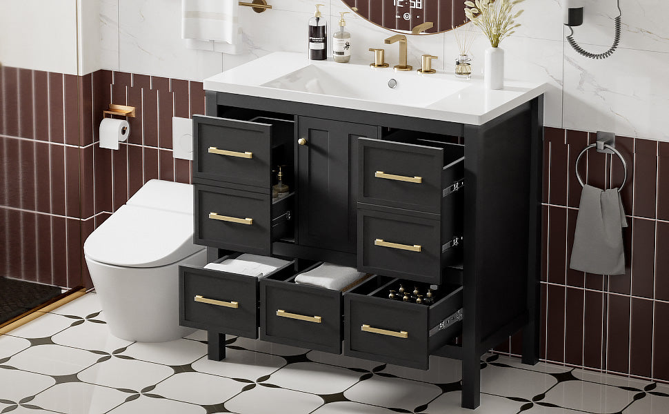 36'' Bathroom Vanity With Resin Sink Combo, Solid Wood Frame Bathroom Storage Cabinet, Freestanding Vanity Set With 5 Drawers& Soft Closing Doors Same As N710S136002B Black Bathroom Solid Wood Mdf Resin