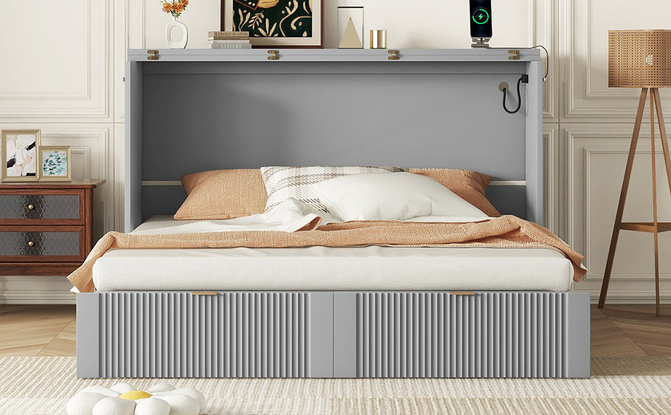 Queen Size Murphy Bed Wall Bed With Drawer And A Set Of Sockets & Usb Ports, Pulley Structure Design, Gray Queen Gray Plywood