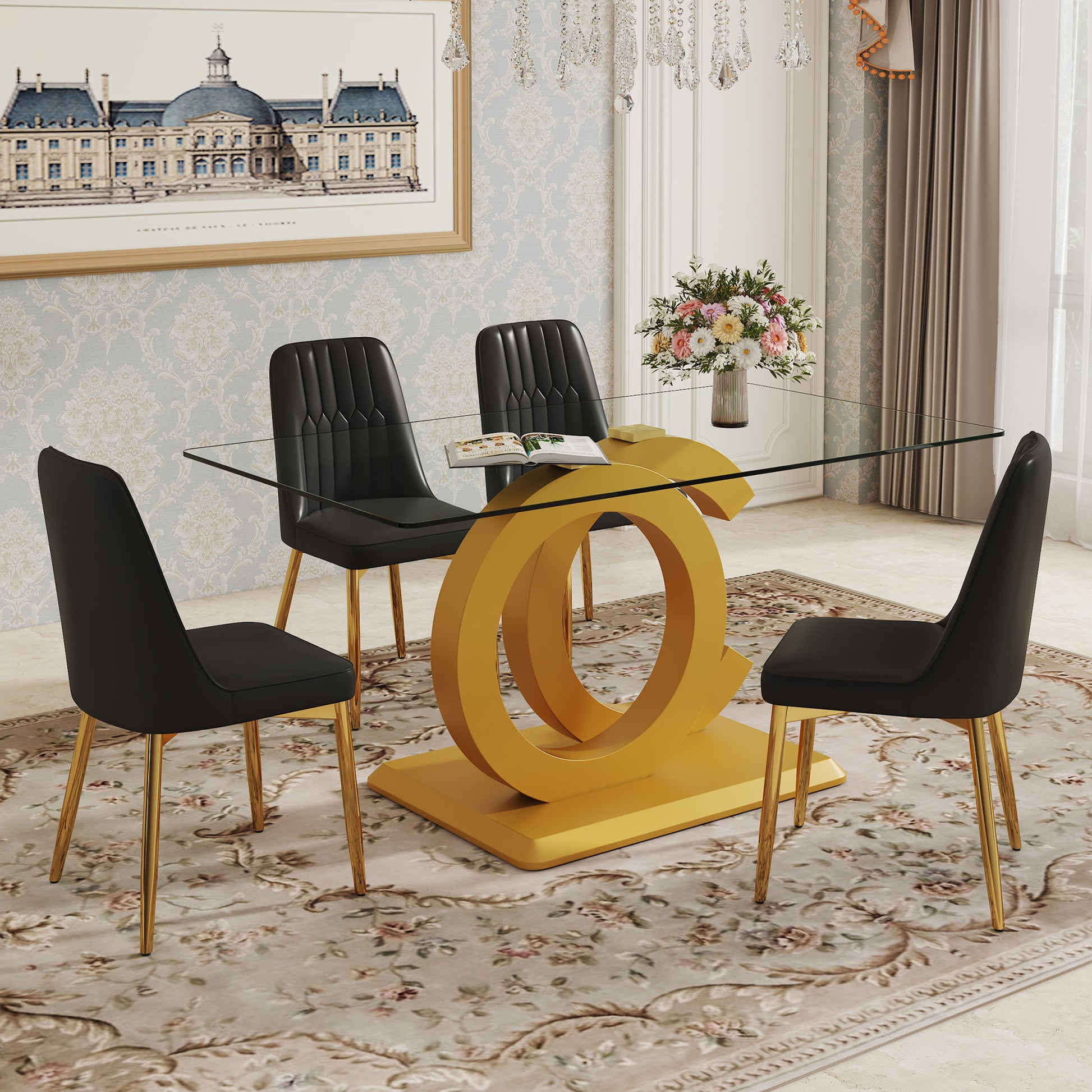 Table And Chair Set.63"W X 35.4"D X 30"H Clear Tempered Glass Desk And Chair Set With 4 Black Pu Chairs With Gold Metal Legs.Bring A Comfortable Home Experience To The Kitchen, Bedroom, And Office.