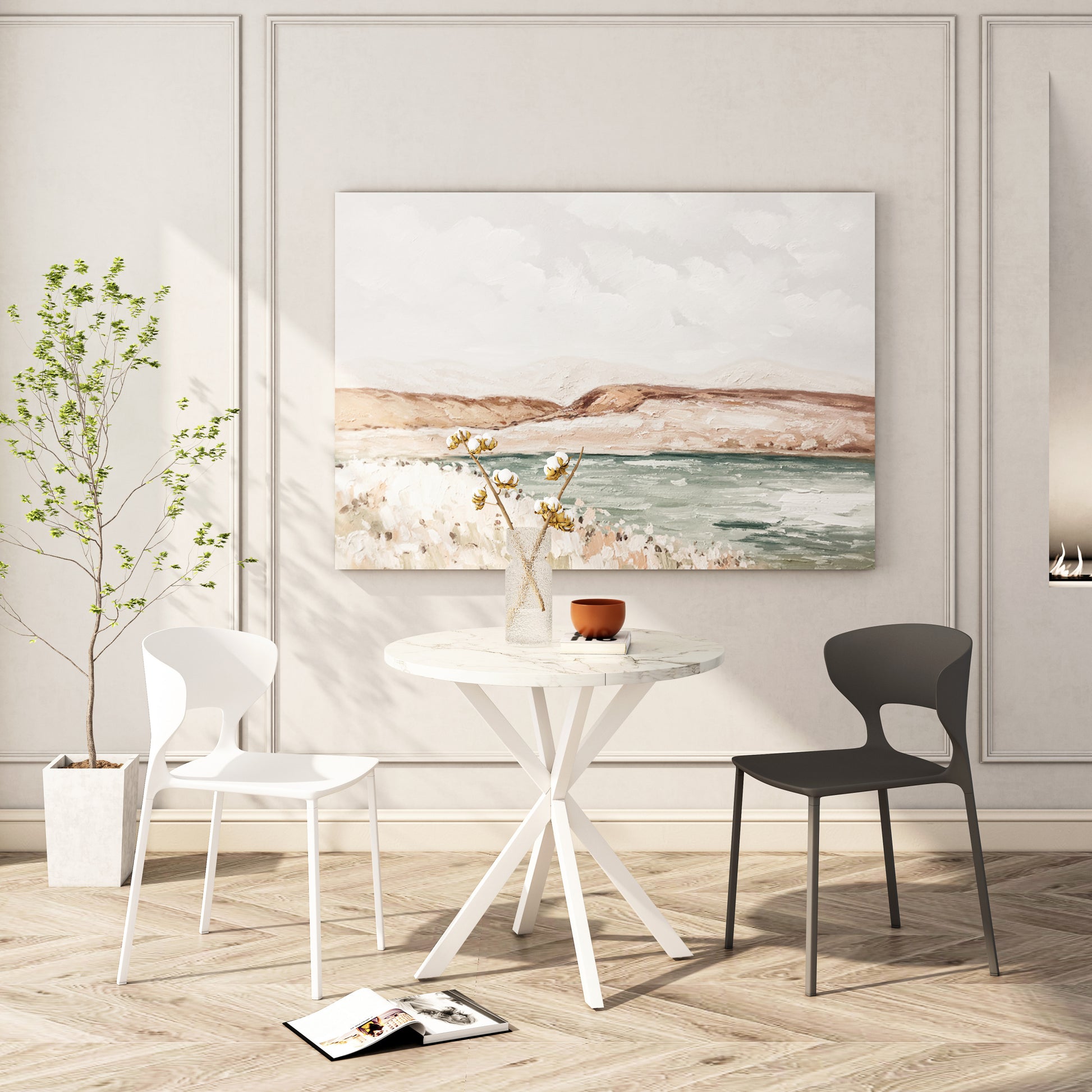 31.5'' Modern Cross Leg Round Dining Table, White Marble Top Occasional Table, Two Piece Removable Top, Matte Finish Iron Legs White Mdf Metal