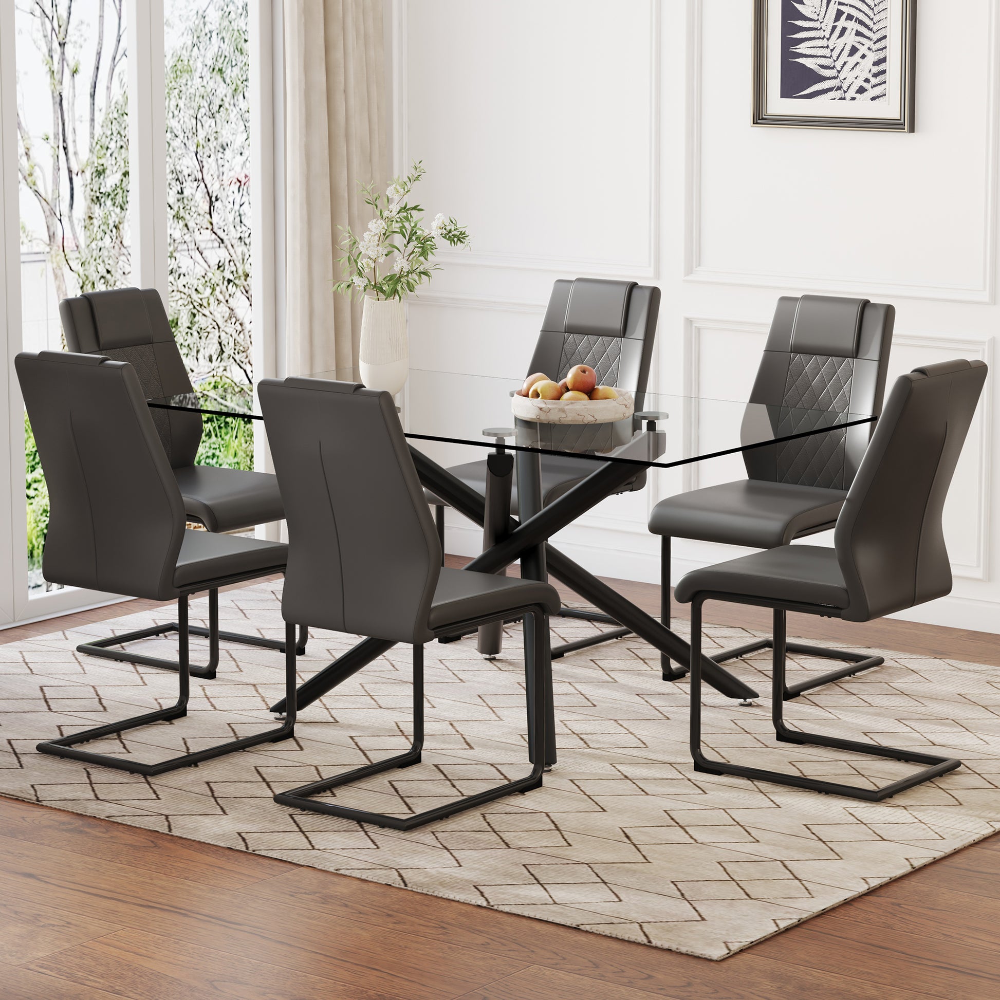 Table And Chair Set.Modern Rectangular Glass Dining Table With 0.39" Tempered Glass Tabletop And Black Metal Legs.Paired With Multiple Chairs Designed With Pu Cushions And Black Metal Legs. Black Grey Seats 6 Tempered Glass