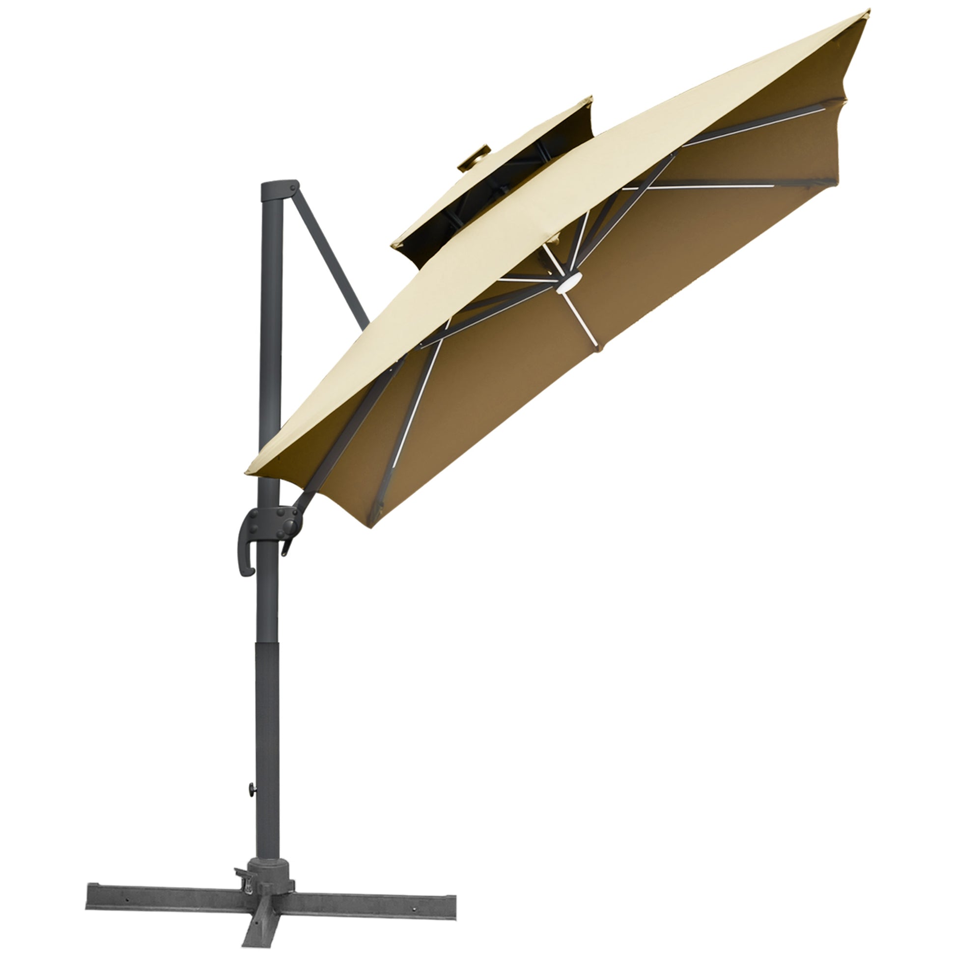 Outsunny 10Ft Cantilever Patio Umbrella With Solar Led Lights & Power Bank, Double Top Outdoor Offset Umbrella With 360 Rotation, Tilt, Crank & Cross Base For Garden, Khaki Khaki Aluminium