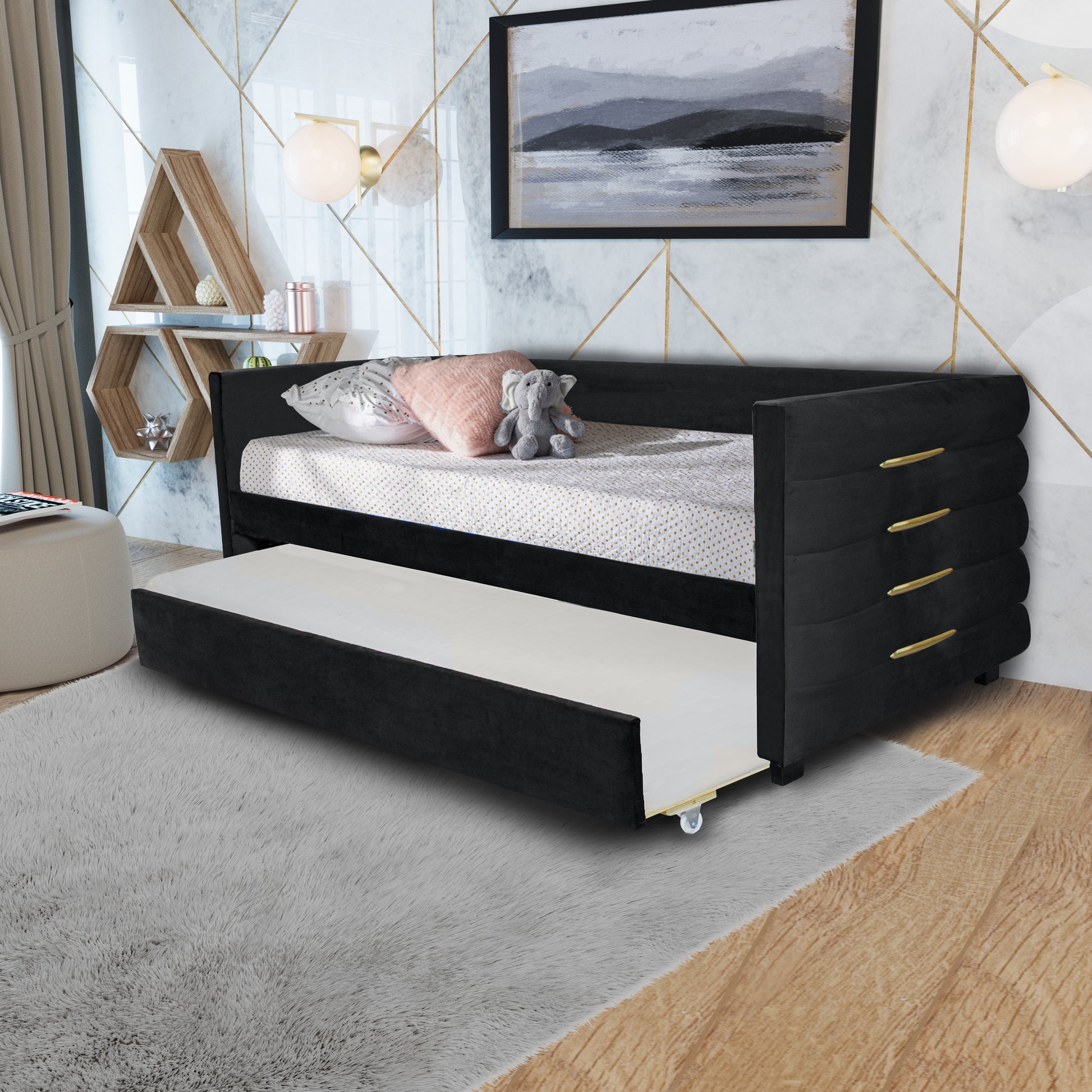 Black Upholstered Twin Size Daybed With Trundle, Velvet Fabric, Gold Iron Bar Design, No Springs Required, Moderen Style Box Spring Not Required Twin Black Wood Espresso Bedroom Minimalist,Modern,Ultra Modern Rubberwood Fiber Foam And Polyester Fiber Pad