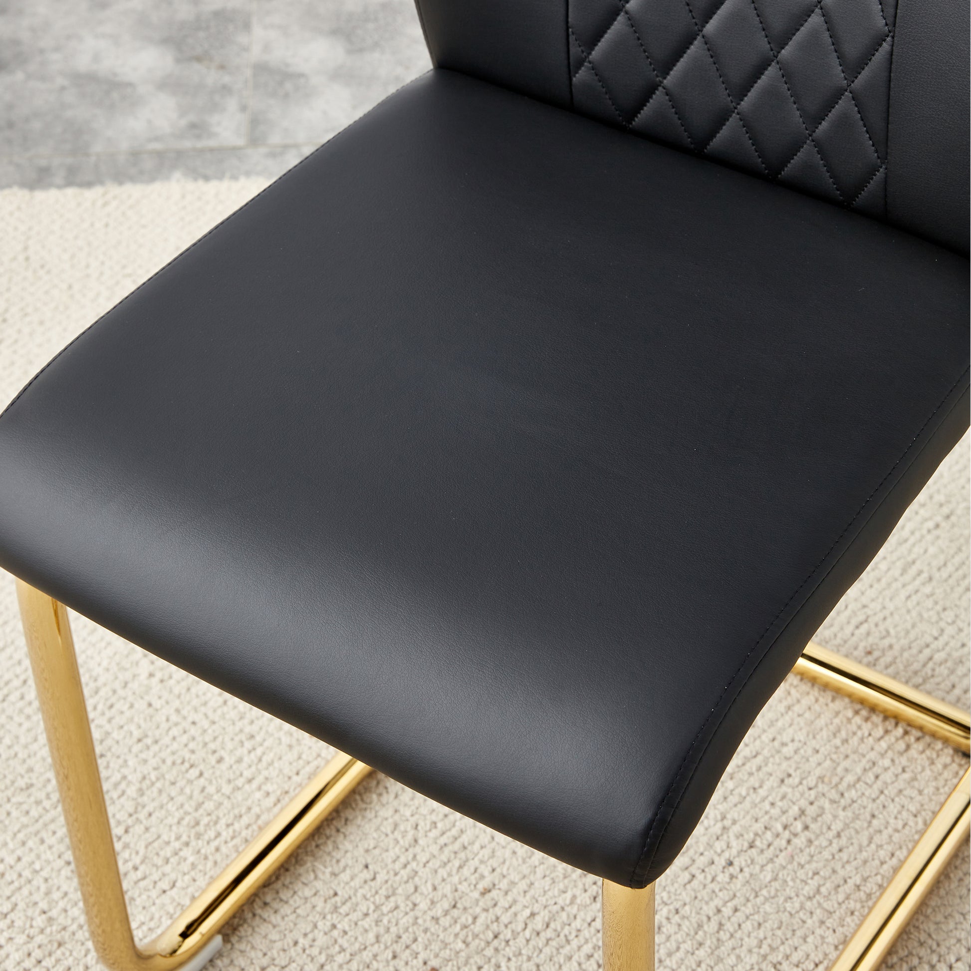 A Modern Minimalist Style Round Transparent Tempered Glass Table With Gold Metal Legs, Paired With 4 Modern Pu Leather High Back Dining Chairs, Bring A Luxurious Experience. Black Seats 4 Glass Metal