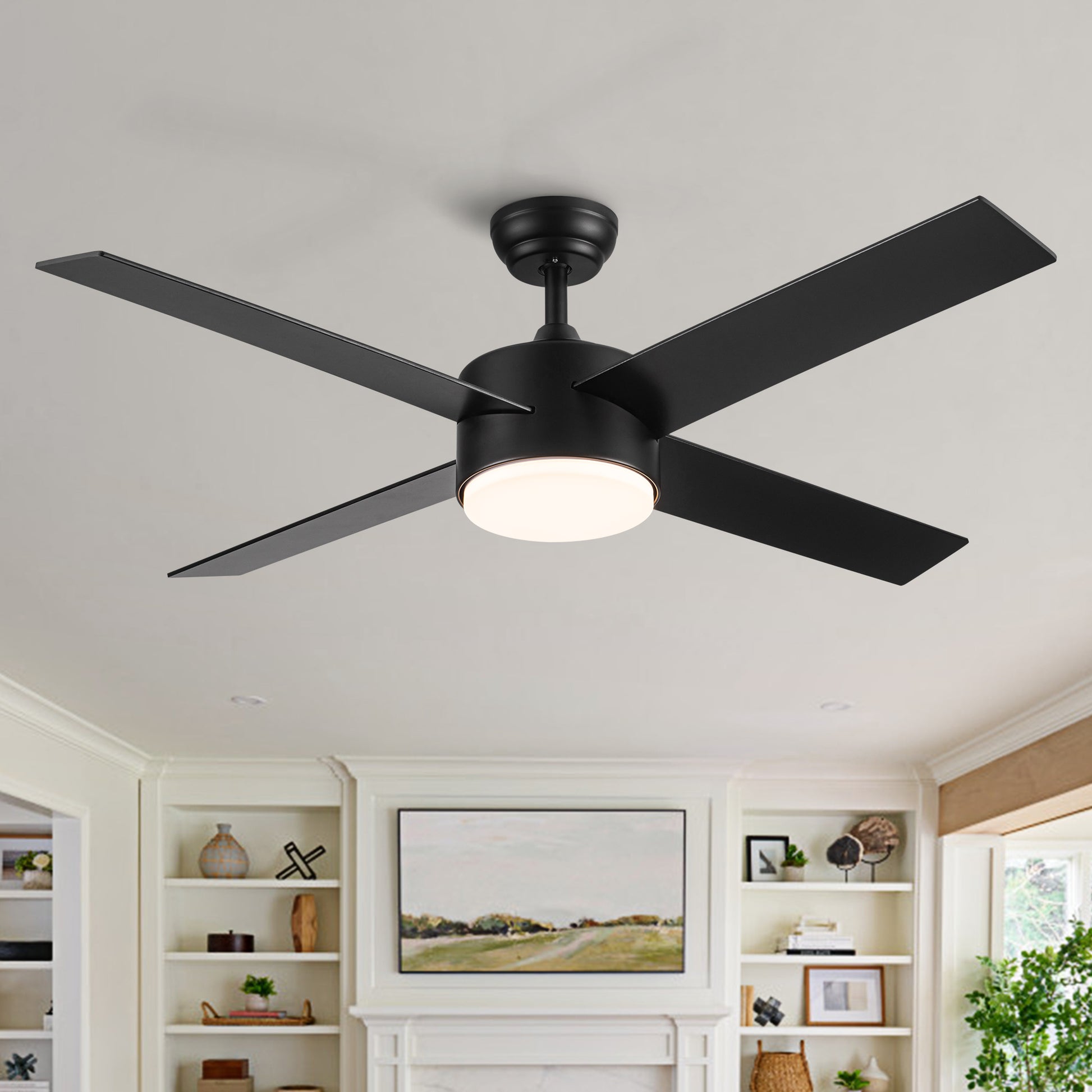 52" Integrated Led Light Matte Black Blade Ceiling Fan With Remote Control With 4 Blades Matte Black Plywood