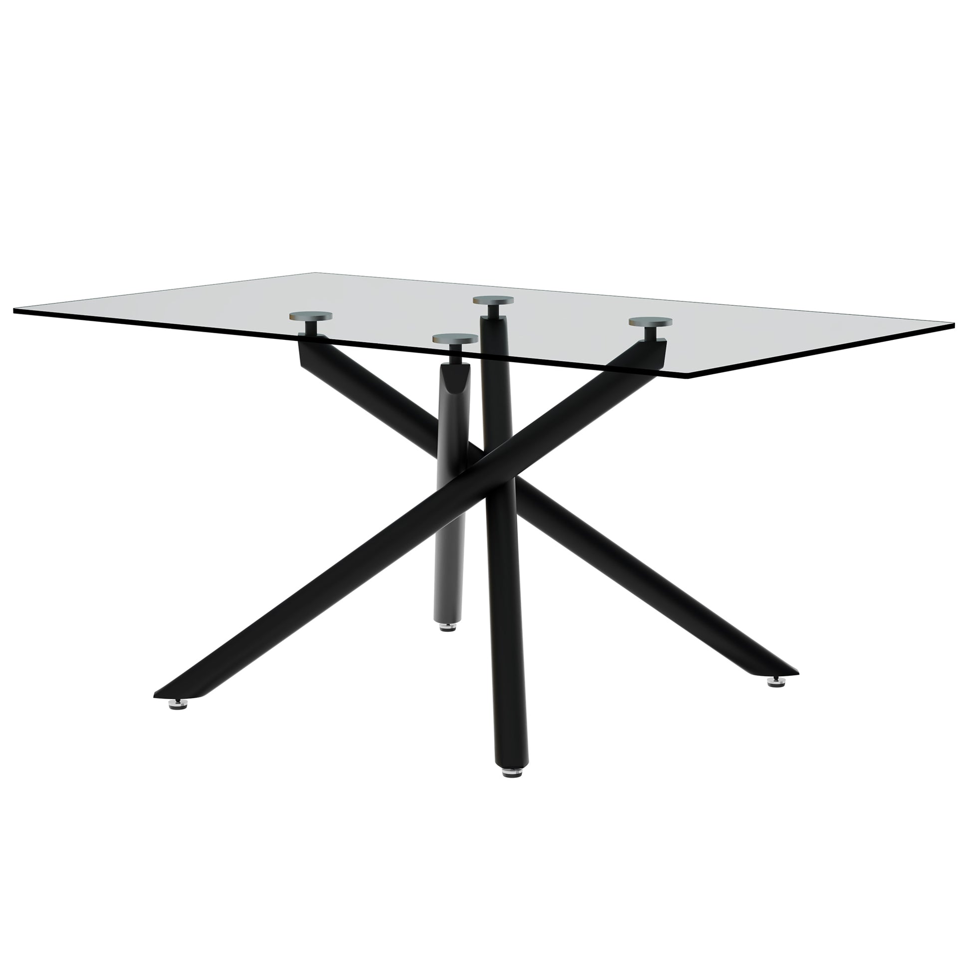 Large Modern Minimalist Rectangular Glass Dining Table For 6 8 With 0.39" Tempered Glass Tabletop And Black Color Metal Legs, For Kitchen Dining Living Meeting Room Banquet Hall Black Glass