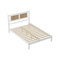 3 Pieces Bedroom Sets Full Size Wooden Platform Bed With Natural Rattan Headboard, Nightstands Set Of 2 With Rattan Woven Surfaces And Three Drawers For Bedroom, White White Particle Board