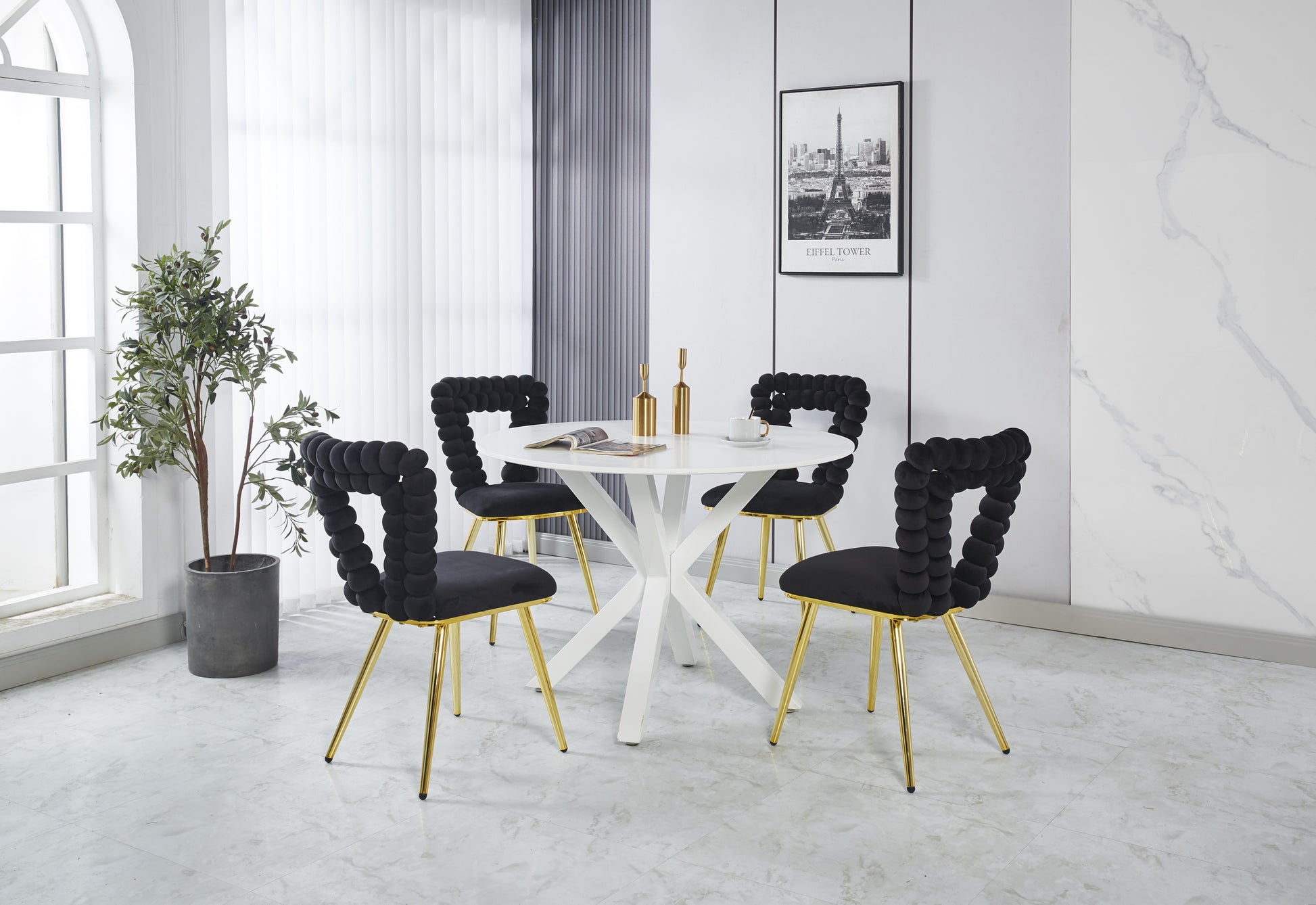 Modern Chair Set Of 2 With Golden Color Iron Tube Legs, Black Soft Cushions And Comfortable Backrest, Suitable For Dining Room, Living Room, Cafe,Hairball Back Gold Black Fabric