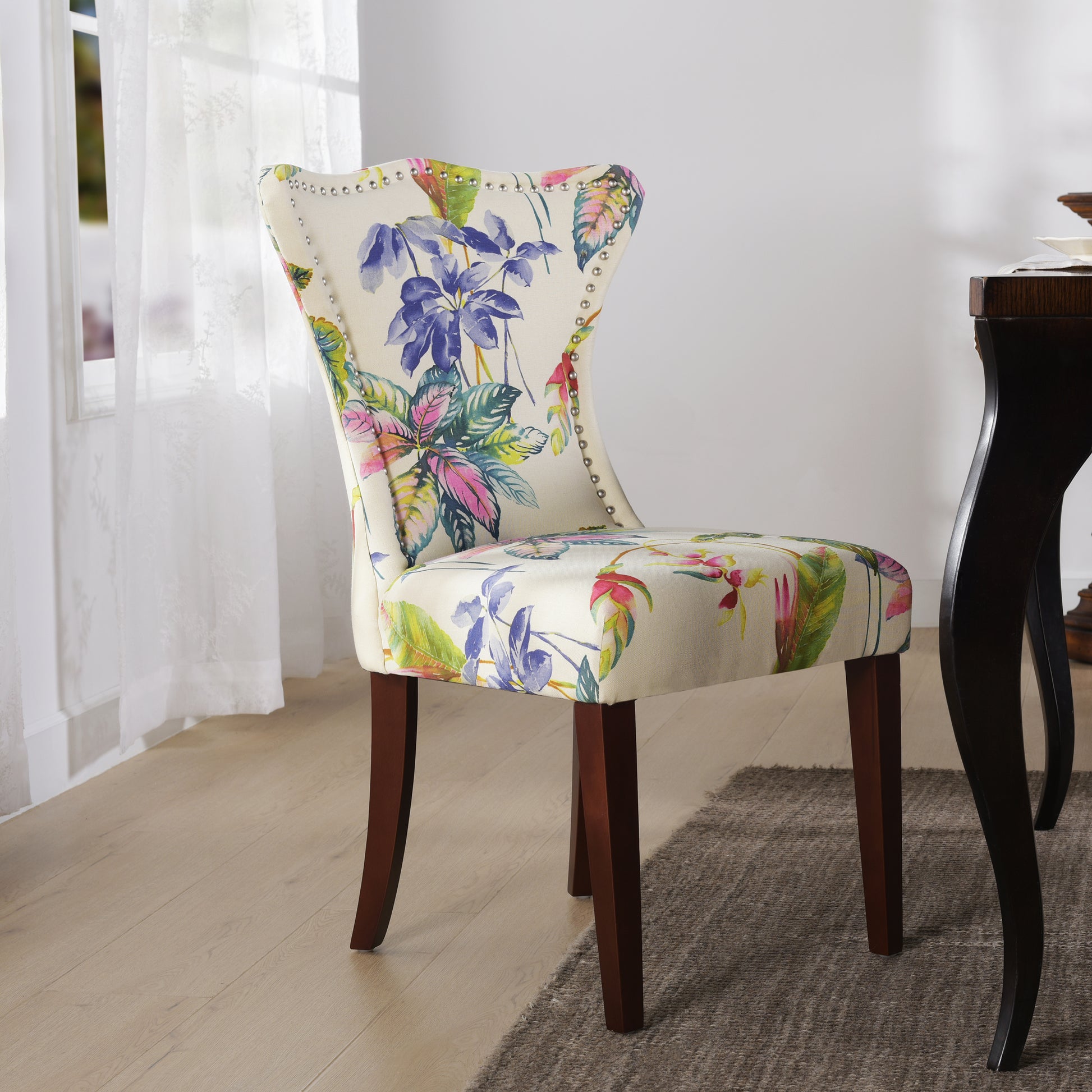Paradise Upholstered Accent Chair, Off White Floral Printed On Woven Beige Foam Fabric