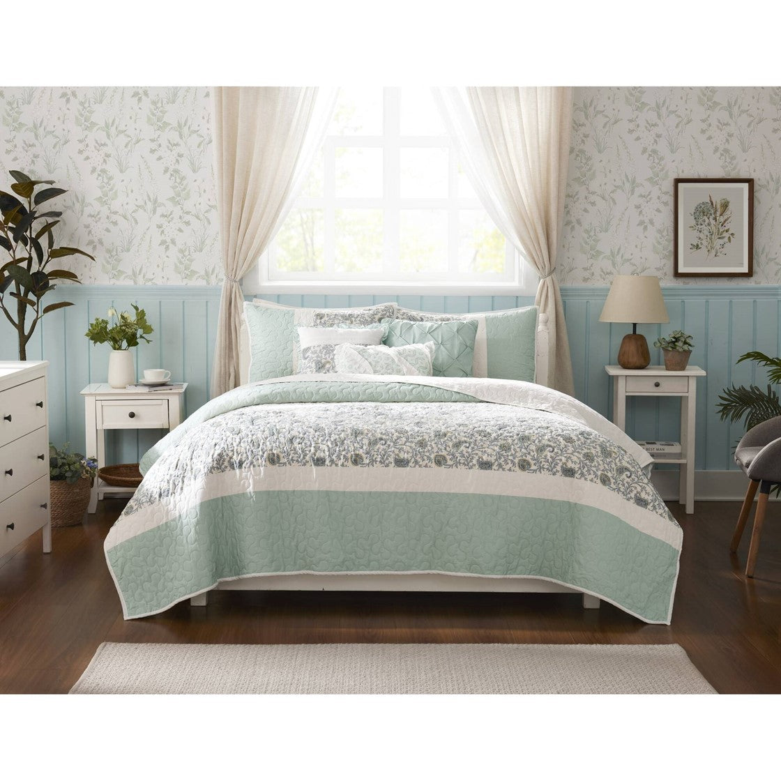 6 Piece Cotton Percale Quilt Set With Throw Pillows Aqua King Cal King King Aqua Polyester