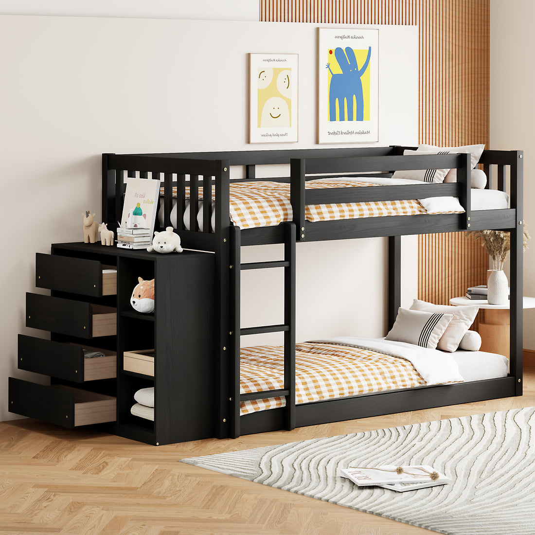 Twin Over Twin Bunk Bed With 4 Drawers And 3 Shelves Espresso Twin Espresso Solid Wood