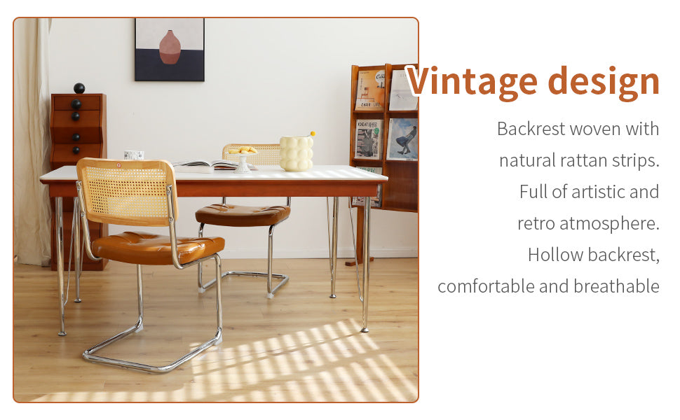 Dining Chairs Set Of 2, Fauex Leather Rattan Side Accent Chairs With Chrome Legs, Modern Mid Century Breuer Designed Chairs, Upholstered Dining Living Room Kitchen Chairs Brown 2Pcs Brown Faux