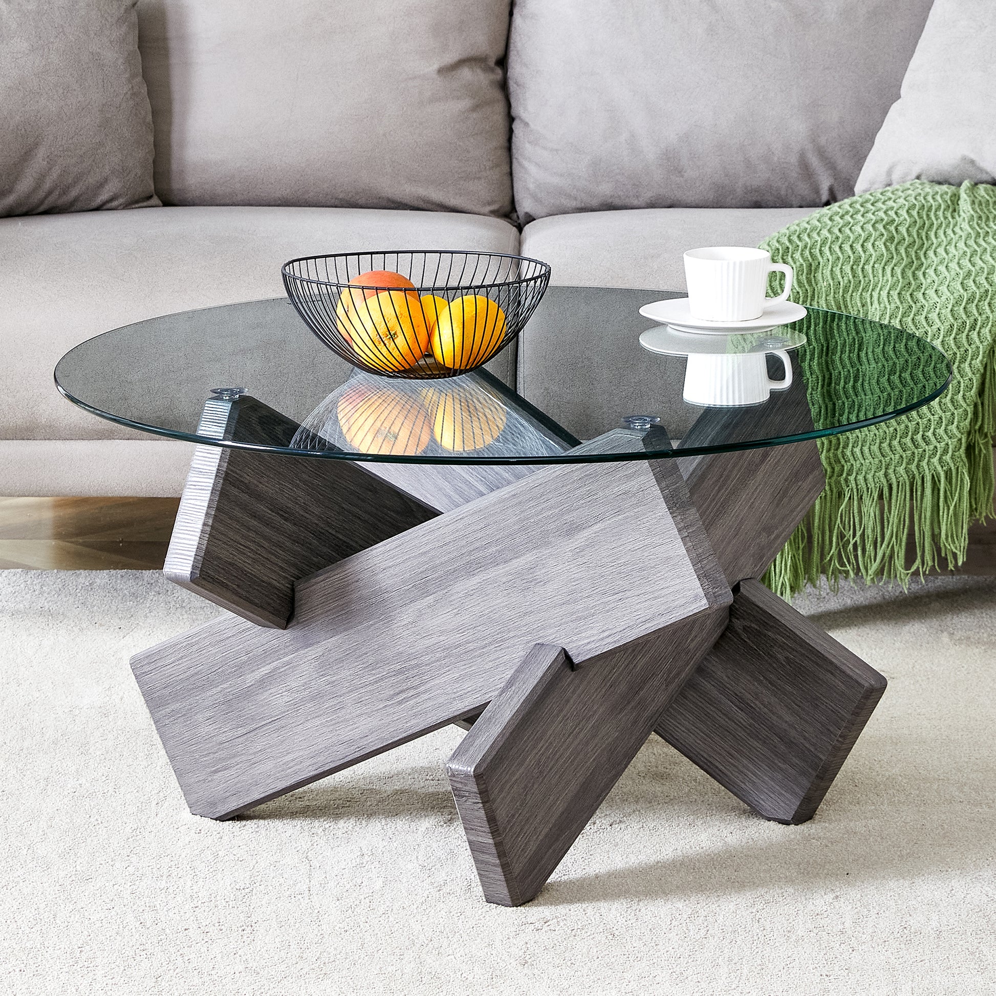 Round Glass Coffee Table, 33.4" Modern Design Unique Coffee Table. Tempered Glass Top With Grey Patterned Mdf Legs. Suitable For Living And Dining Rooms Gray Mdf Glass