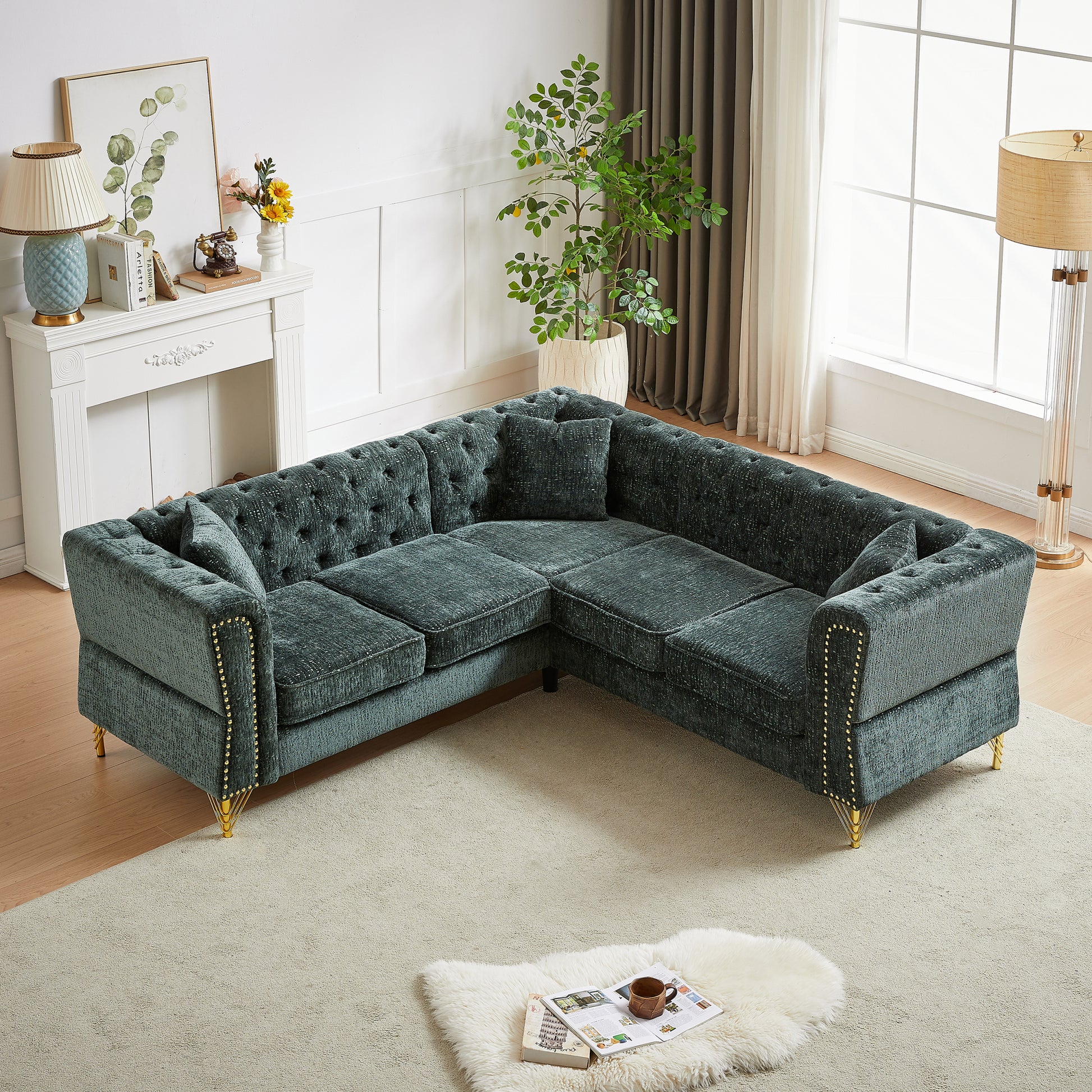 81.5 Inch Chenille Corner Sofal Shaped Sectional Couch, 5 Seater Corner Sofas With 3 Cushions For Living Room, Bedroom, Apartment, Office Green Foam Chenille 5 Seat