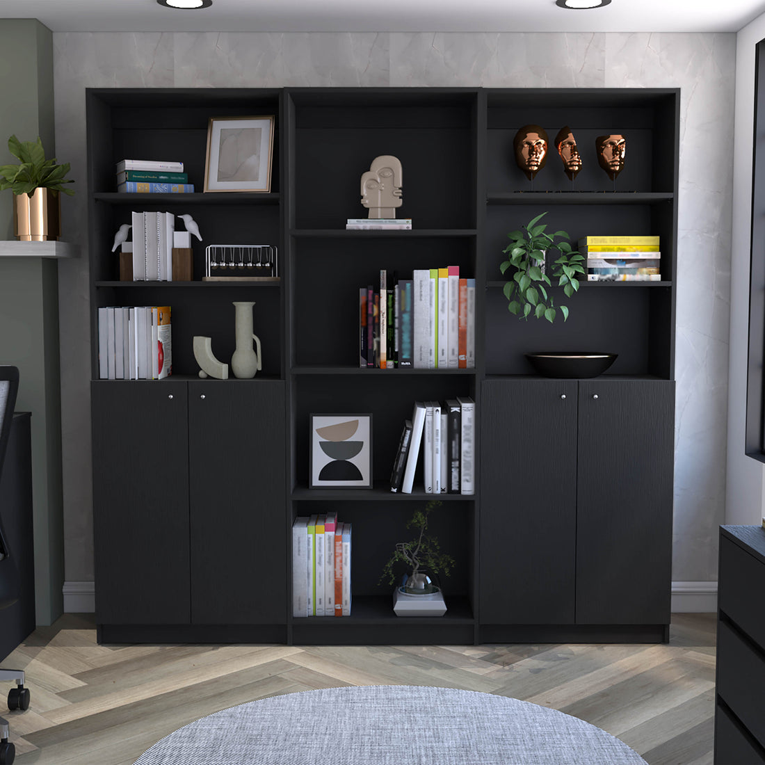 Hialeah 3 Piece Home Bookcase Set, 74" Wide With 10 Shelves And Two Double Door Cabinetliving Room Set Set Black Freestanding 5 Or More Shelves Black Office Open Storage Space Modern Particle Board