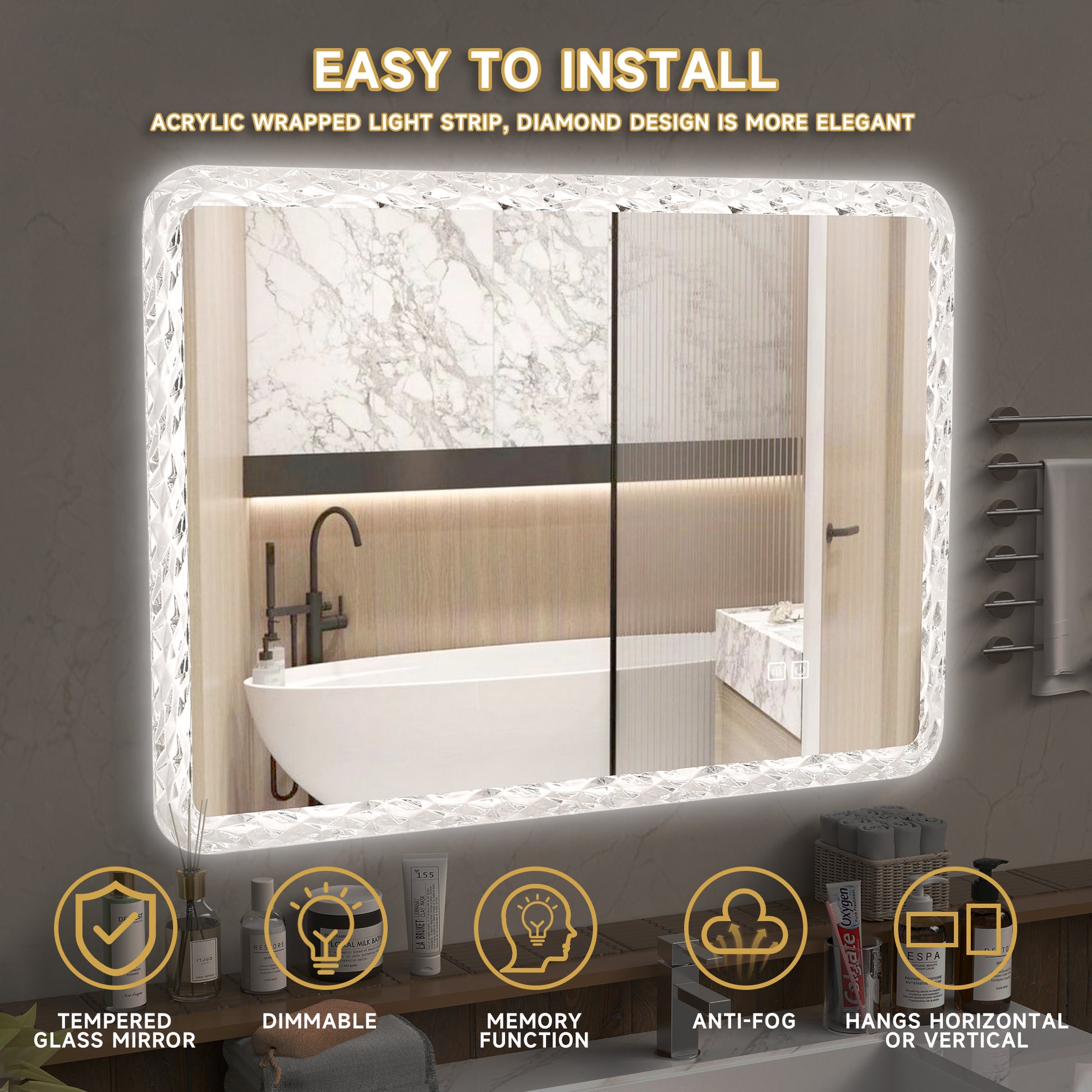 38.5X25 Inches Bathroom Mirror With Led Lights, Smart Mirror With Anti Fog And Adjustable Brightness Function, Wall Mount Makeup Mirror With Crystal Acrylic Frame Transparent Glass Acrylic