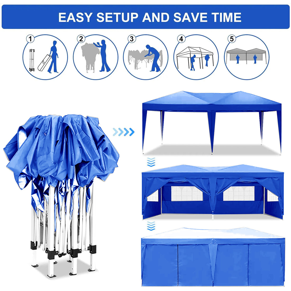 10'X20' Folding Canopy With 6 Removable Sidewalls Outdoor Event Shelter Upf 50 Gazebo Portable Tents For Parties Beach Camping Wedding Ez Pop Up Canopy Blue Metal