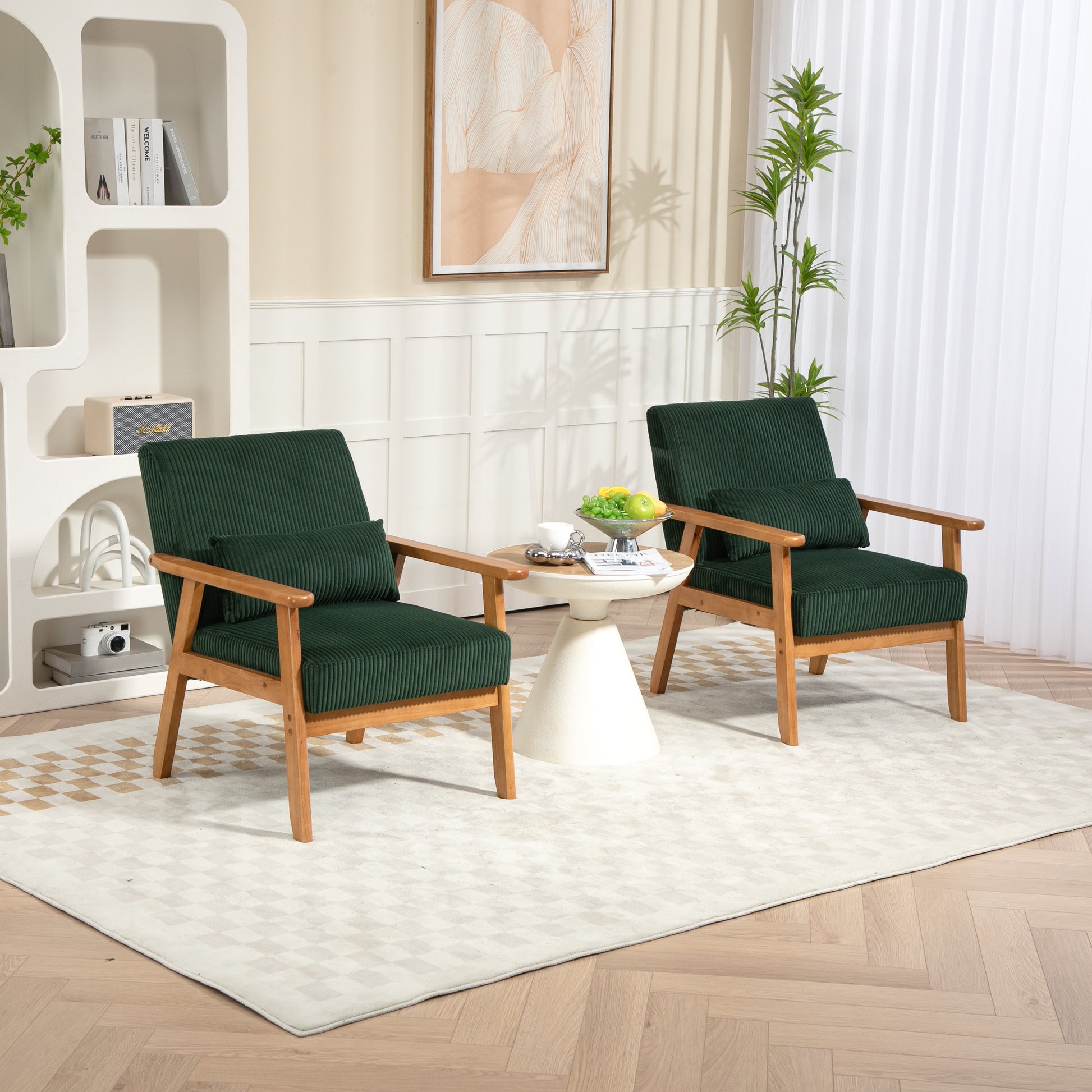 Leisure Chair With Solid Wood Armrest And Feet, Leisure Chair, Wood Frame, Velvet, Solid Rubber Wood Legs, Mid Century Modern Accent Chair, For Living Room Bedroom Studio Chair,Two Packs Emerald Corduroy