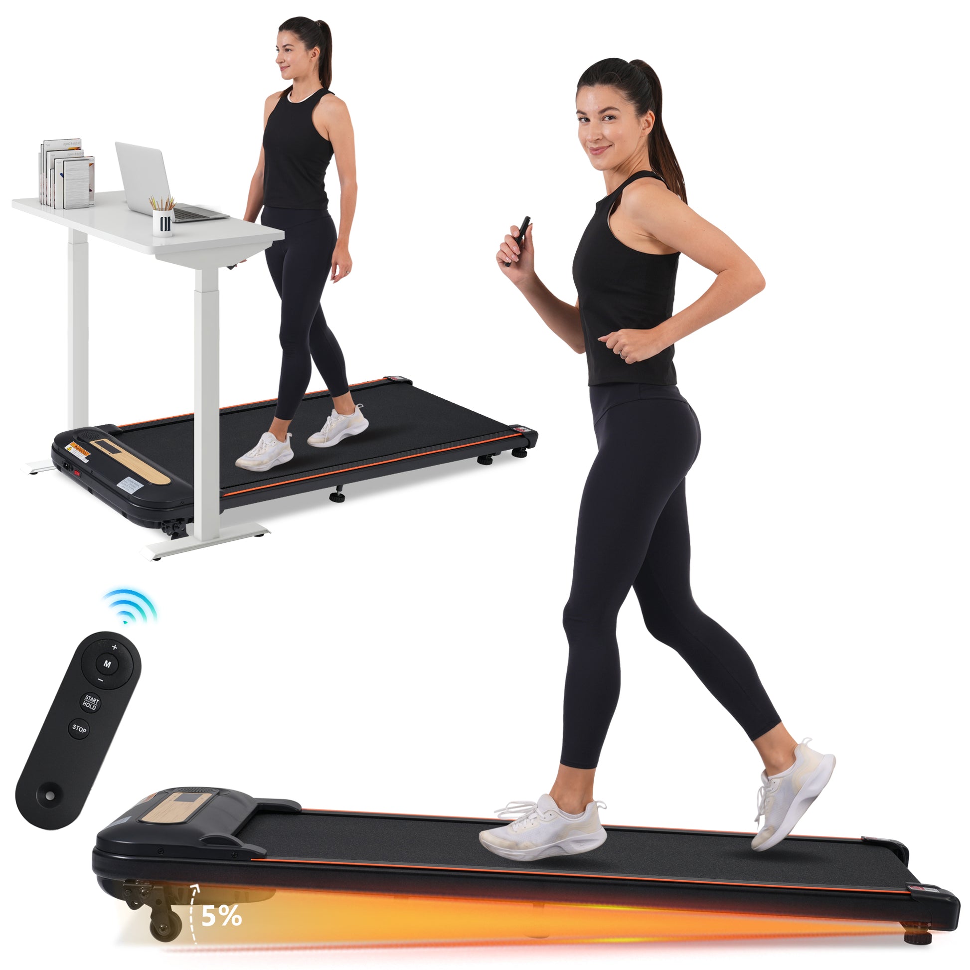 Wood Grain Decoration Walking Pad Under Desk Treadmill For Home Office 2.5Hp Walking Treadmill With Incline 0.5 4Mph 300Lbs Capacity Treadmill For Walking Running Remote Control Indoor Fitness Black